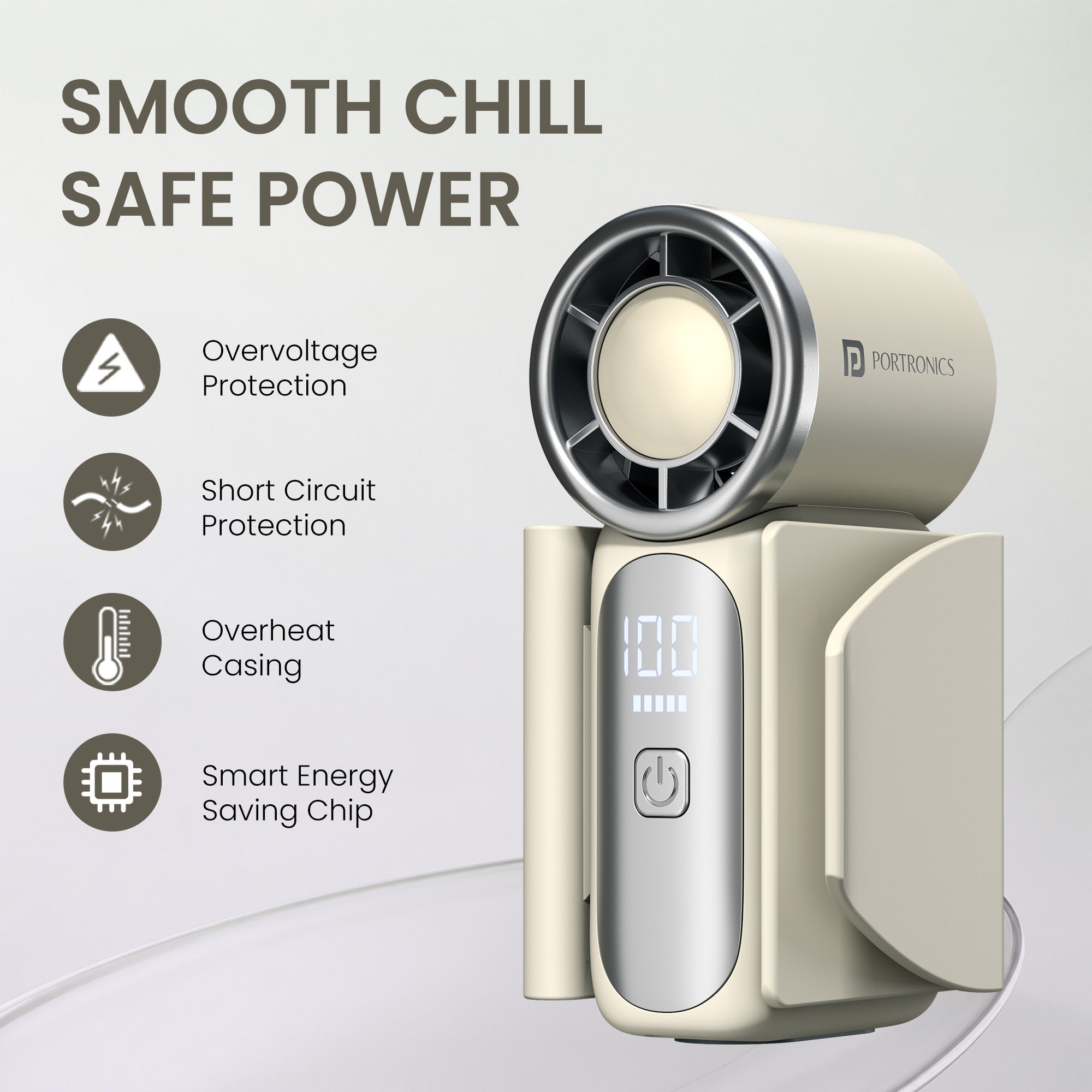Dark Grey portronics toofan nano chargeable fan | smooth chill safe power equipped with overvoltage and short circuit protection everyday carry fan | safe and reliable cooling for users of all ages during any activity pocket-sized fan | best pocket fan