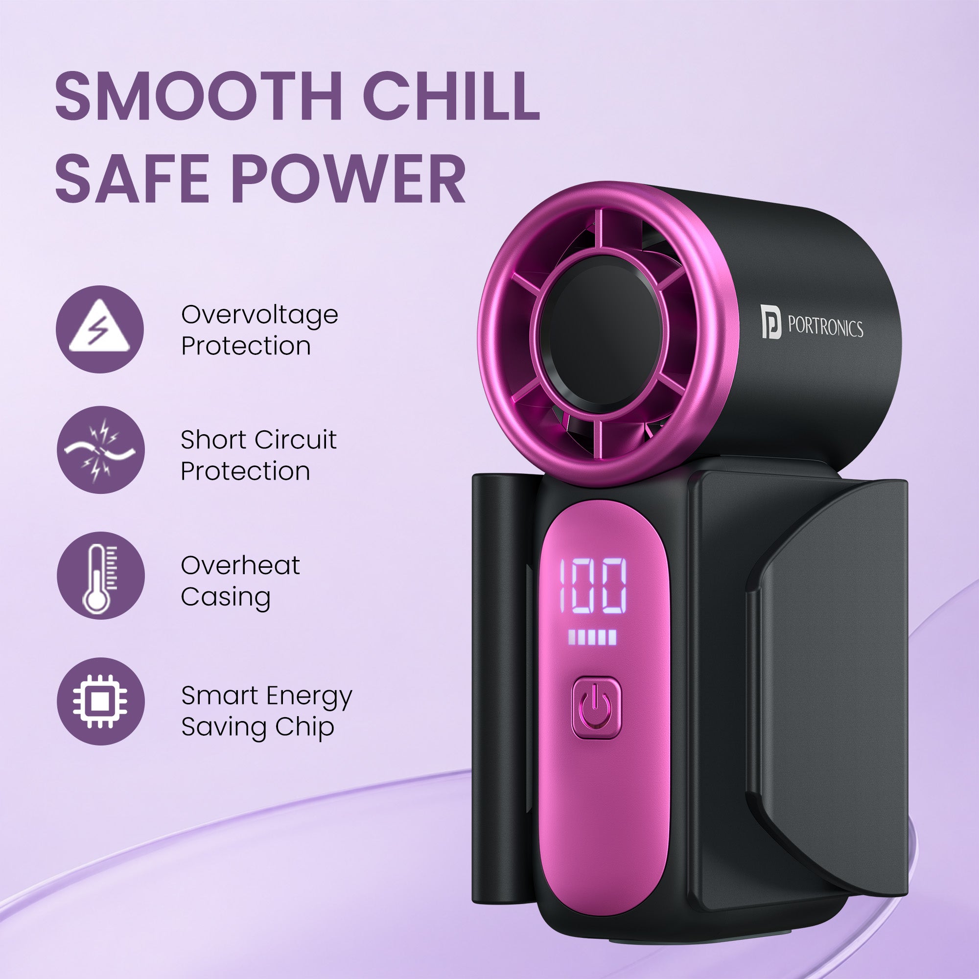 Dark Grey portronics toofan nano personal fan | smart energy saving chip with overvoltage short circuit and overheat protection chargeable fan | secure device usage during daily routines and travel travel cooling | best mini fan price