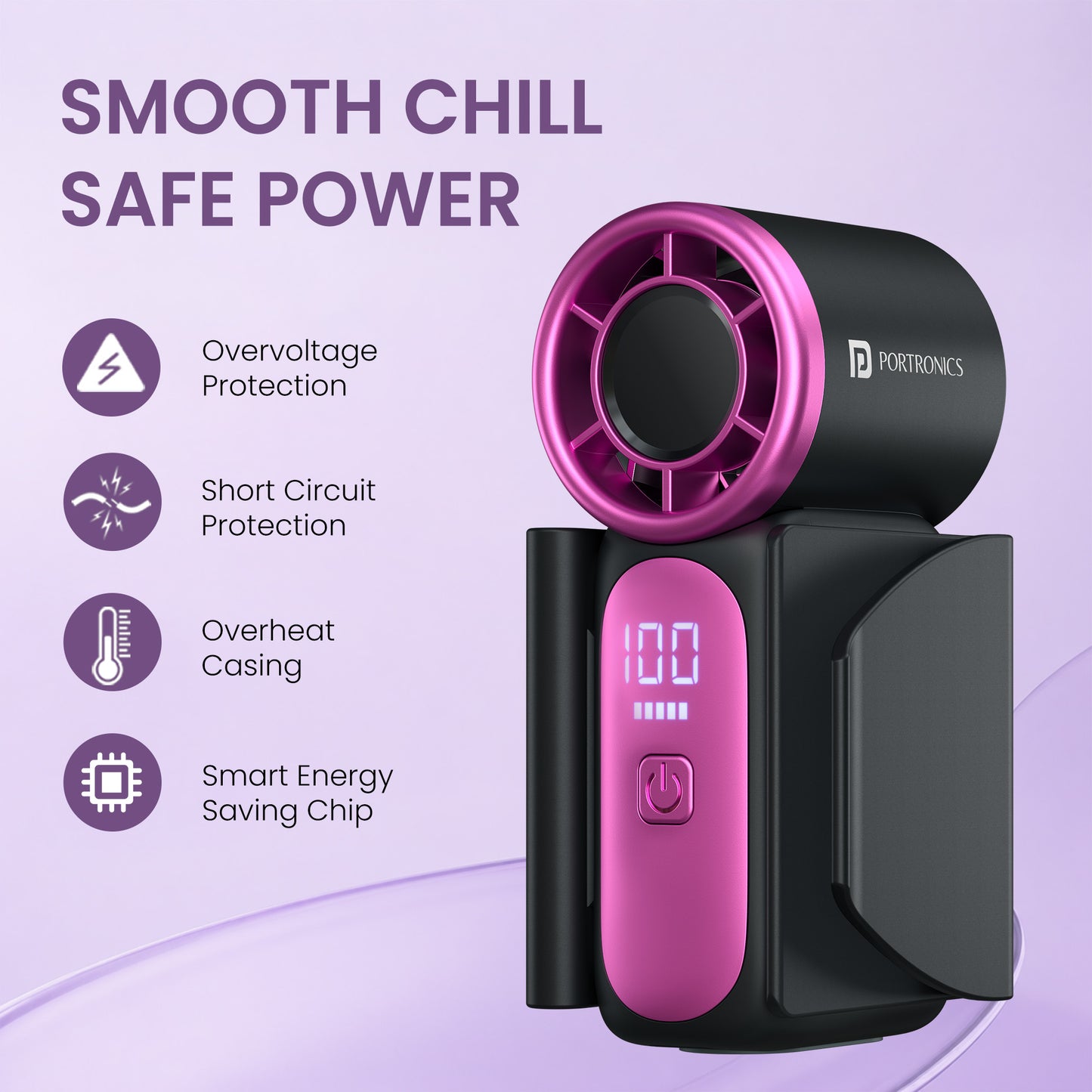 Dark Grey portronics toofan nano personal fan | smart energy saving chip with overvoltage short circuit and overheat protection chargeable fan | secure device usage during daily routines and travel travel cooling | best mini fan price