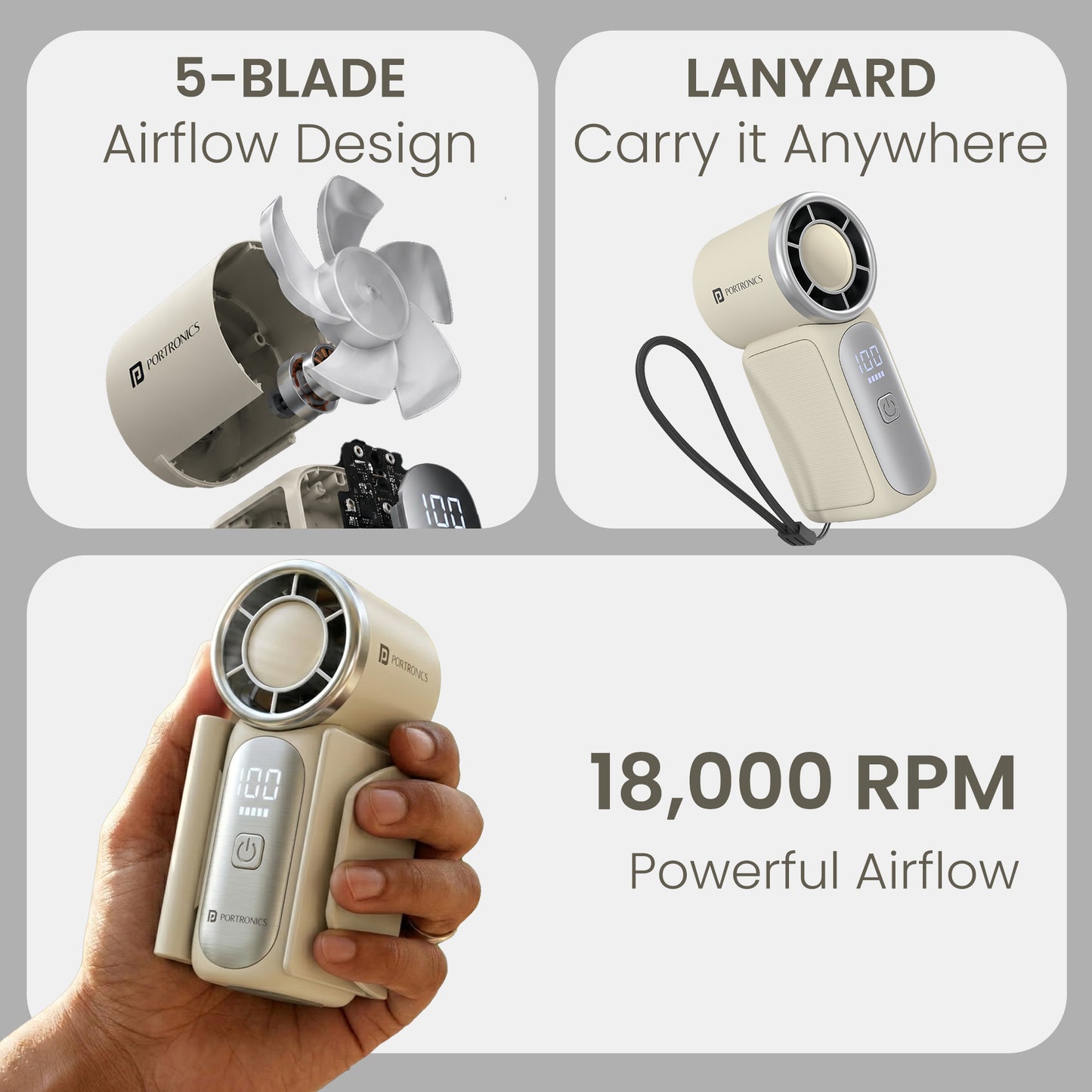 Beige portronics toofan nano portable fan rechargeable | powerful 18000 rpm airflow generated by an advanced 5 blade design high speed fan | hands free transportation with the included lanyard to carry it anywhere pocket fan | best 5 speed fan