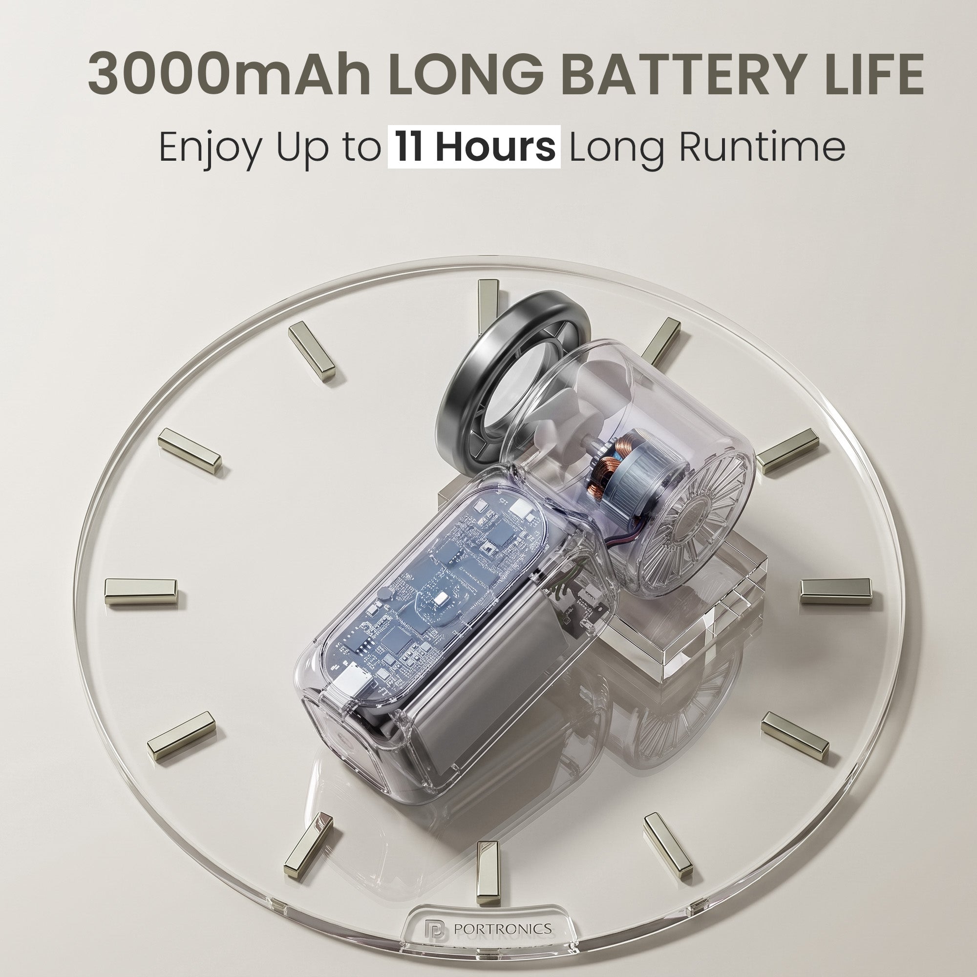 Beige portronics toofan nano rechargable fan | enjoy up to 11 hours of uninterrupted runtime with high capacity 3000mah battery 3000mah fan | ideal for day trips long commutes and extended outdoor activities portable rechargeable fan | buy chargeable fan