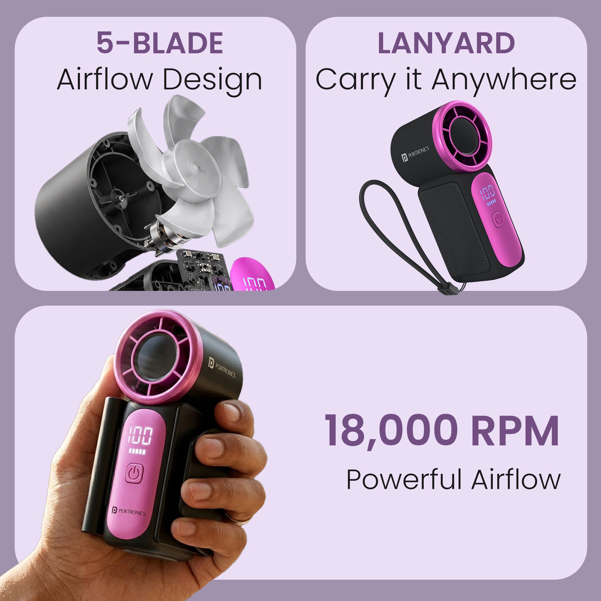 Dark Grey portronics toofan nano  aerodynamic 5 blade design delivering 18000 rpm powerful airflow with lanyard portable rechargeable hand fan | carrying anywhere for instant and refreshing breeze mini rechargeable fan | best mini fan