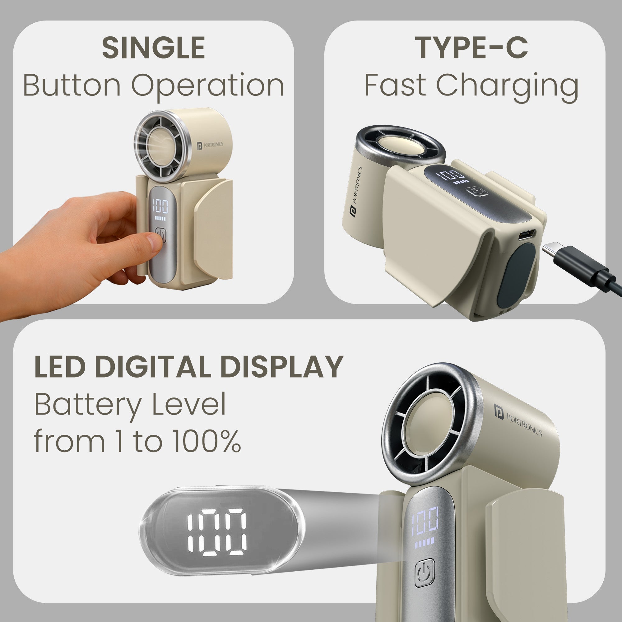 Beige portronics toofan nano type c charging cable | intuitive led screen indicating exact battery percentage from 1 to 100 alongside type c fast charging digital display fan | easy one handed operation and quick power top ups using standard chargers portable fan hand | buy portable hand fan
