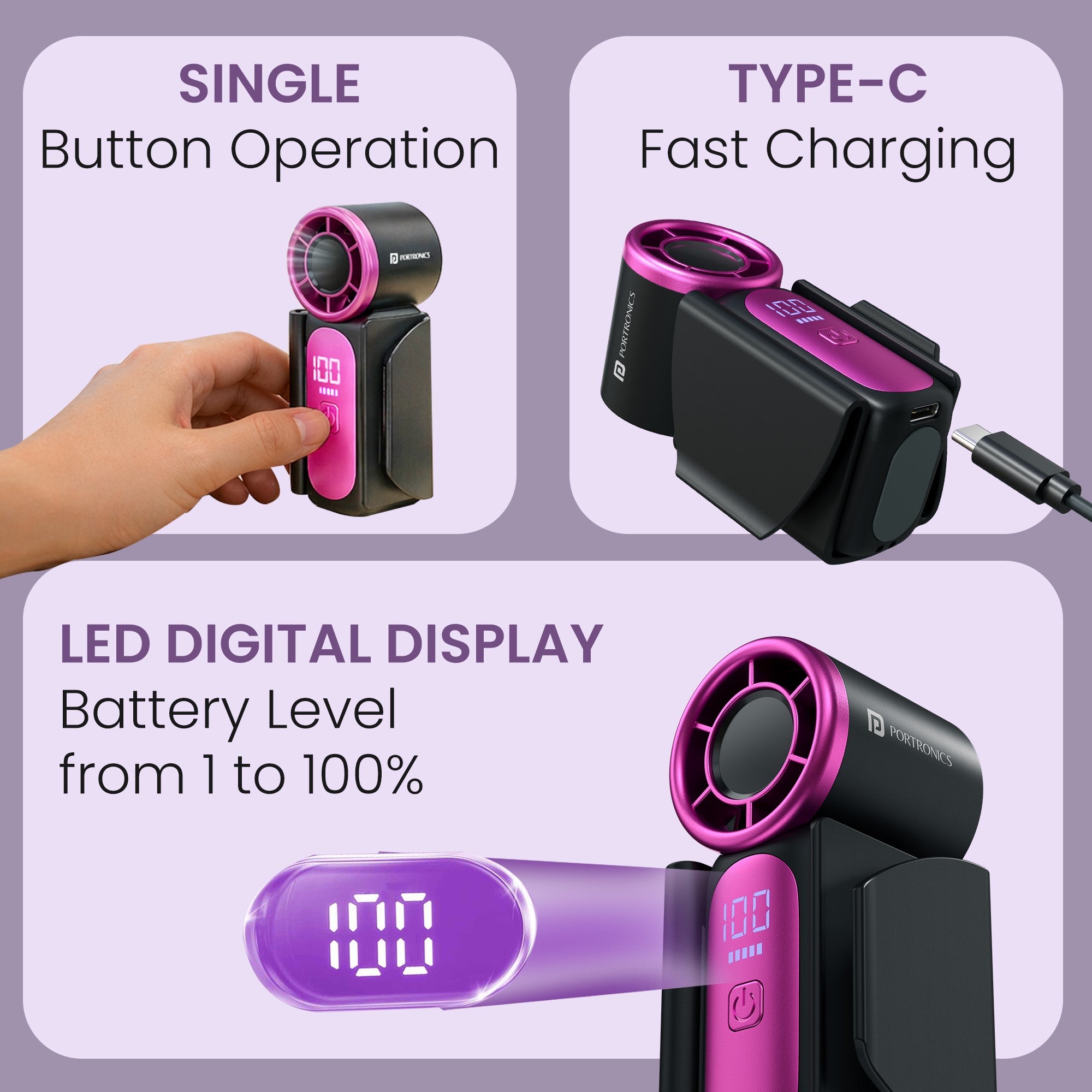 Dark Grey portronics toofan nano type c charging fan | single button operation with type c fast charging support and led digital screen portable fan | quick recharging using power banks laptops and usb chargers summer accessories | buy portable fan