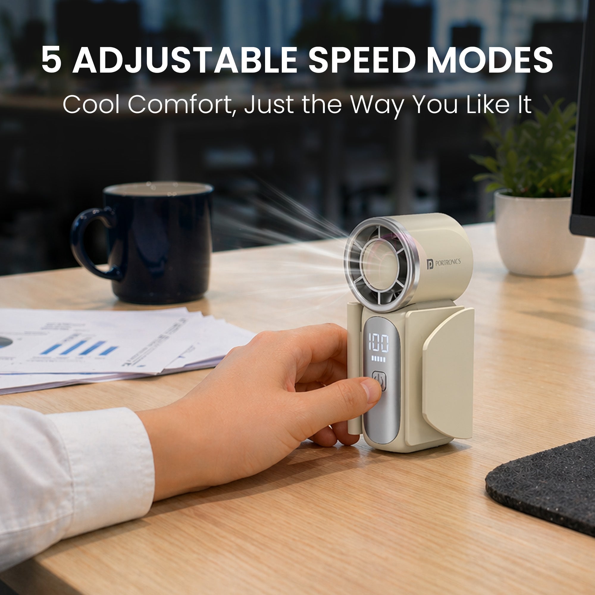 Beige portronics toofan nano 5 speed fan | cool comfort just the way you like it with 5 adjustable speed modes mini table fan | customizing airflow intensity for your personal workspace or bedside table cooling gadgets | buy mini table fan