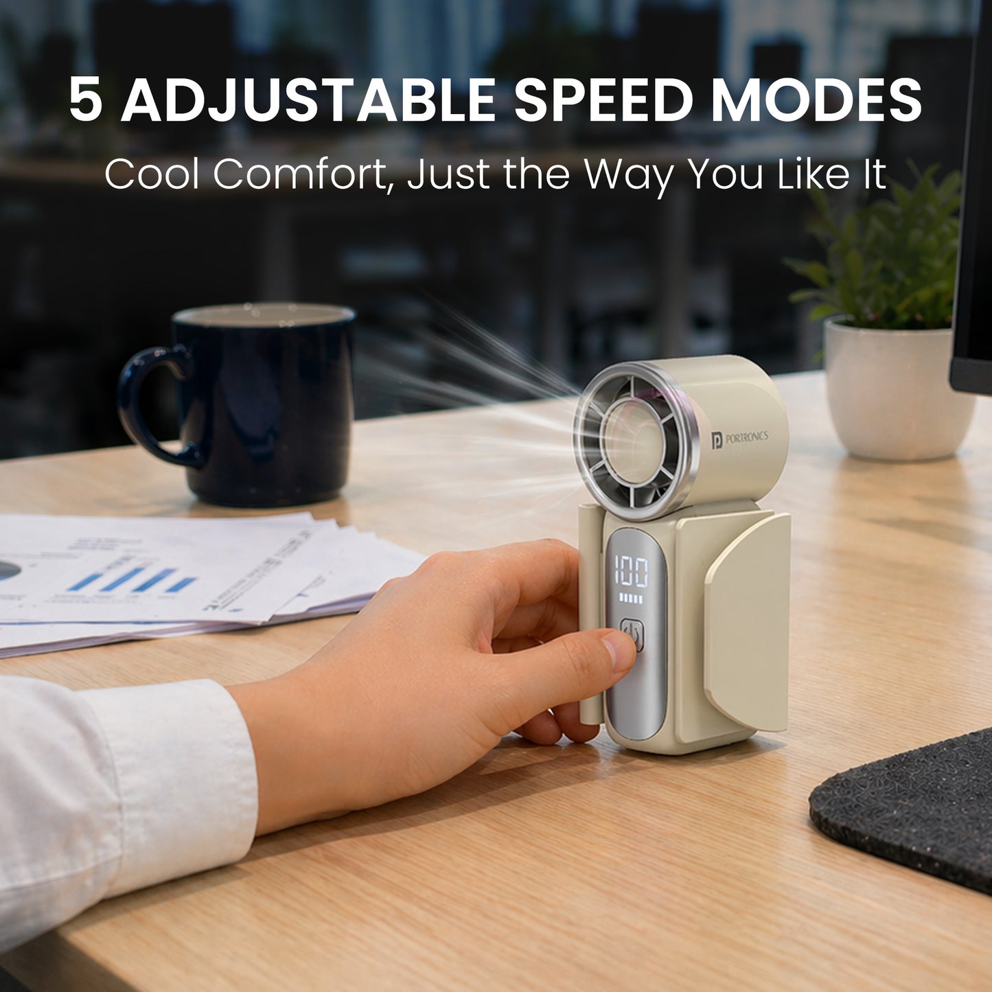 Beige portronics toofan nano 5 speed fan | cool comfort just the way you like it with 5 adjustable speed modes mini table fan | customizing airflow intensity for your personal workspace or bedside table cooling gadgets | buy mini table fan