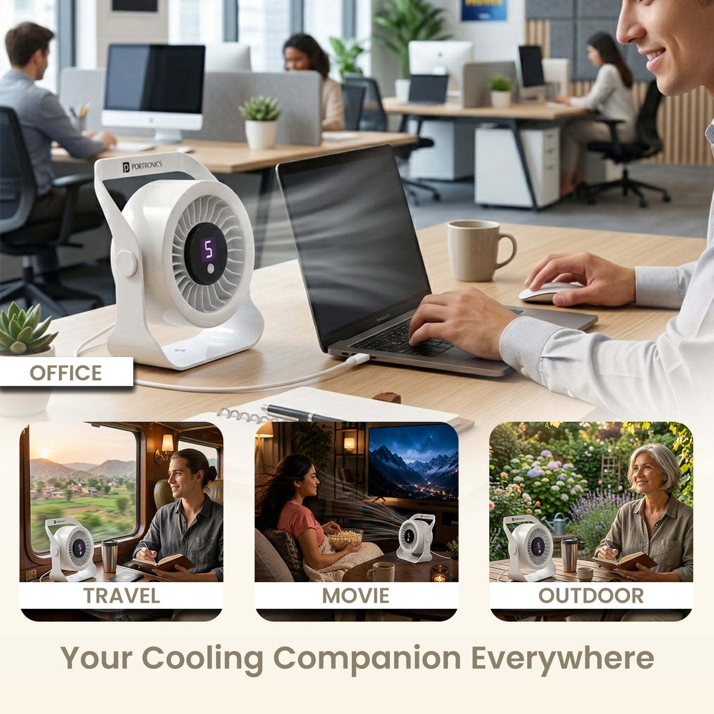 portronics toofan x lite 7 blade portable table fan| desk and hanging fan with 7 blade wide airflow design | mini table fan usable as hanging fan for flexible cooling | best 7 blade usb desk and hanging fan