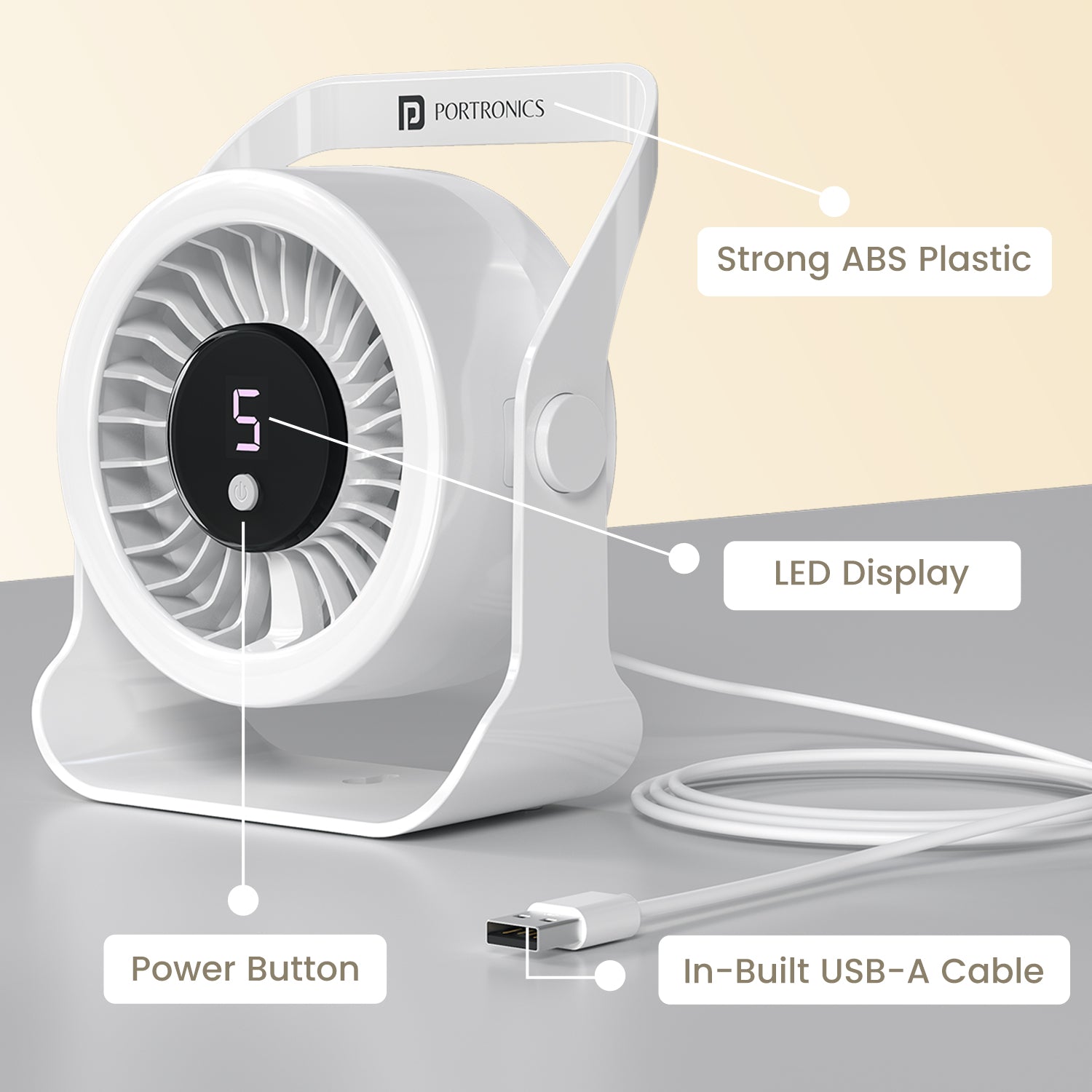 portronics toofan x lite usb hanging fan features | desk fan with led display power button and in-built usb-a cable | personal cooling fan with strong abs body and single button operation | best usb fan with built-in cable and led display