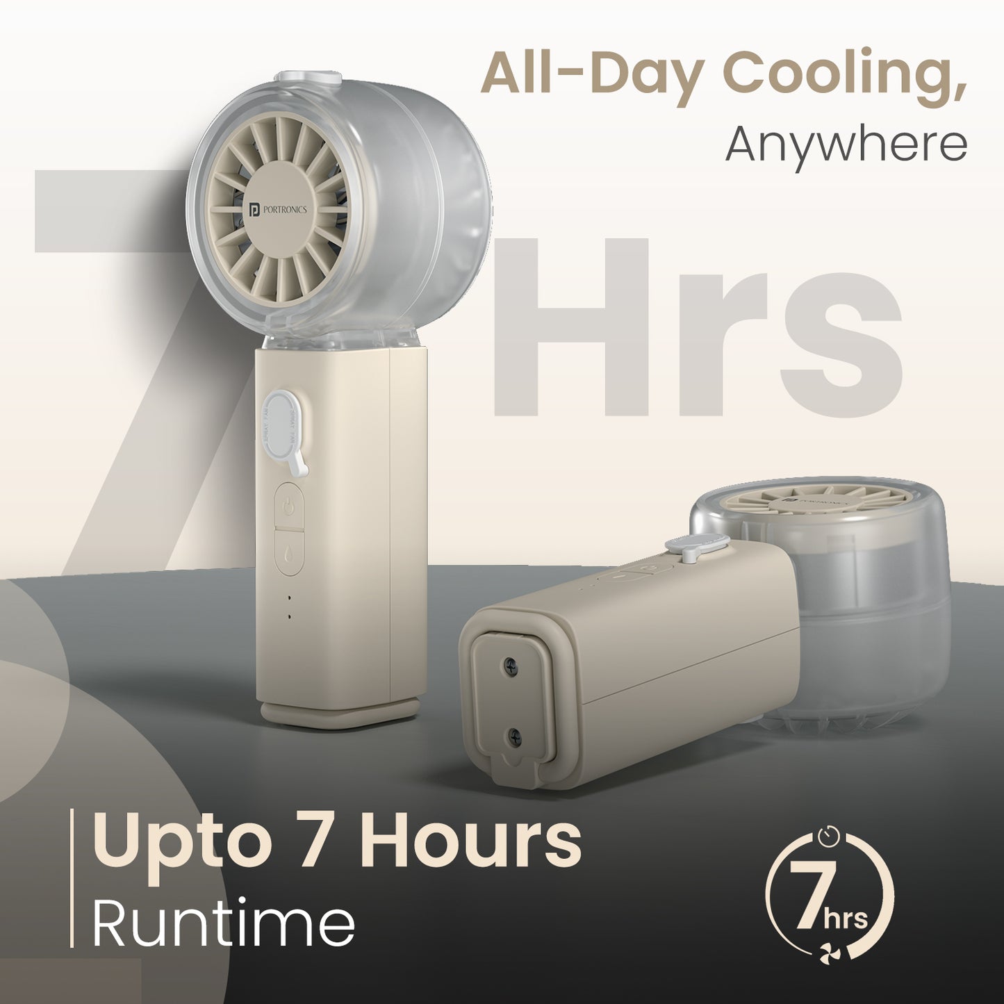 Beige portronics toofanx mist mist fan | up to 7 hours runtime mini fan portable | long power backup travel fan | mini fan price in india