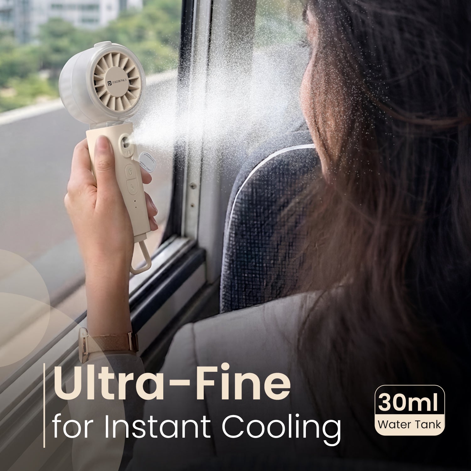 Beige portronics toofanx mist mist fan rechargeable | ultra fine cooling mist water spray fan | walking and commuting portable mini fan | mini portable fan price