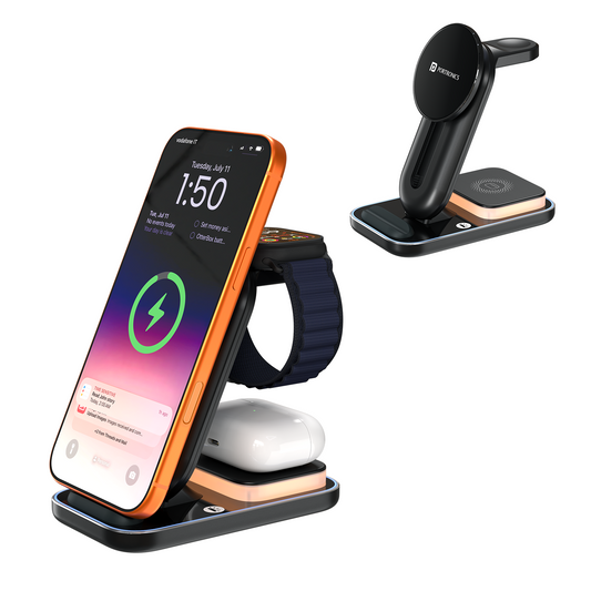 portronics tricharge ultra 3-in-1 wireless charging station for smartphone earbuds and smartwatch | simultaneous wireless charging with 15w for phone 5w for earbuds and 2.5w for smartwatch | multi device wireless charger for desk home and office use | 3 in 1 wireless charger
