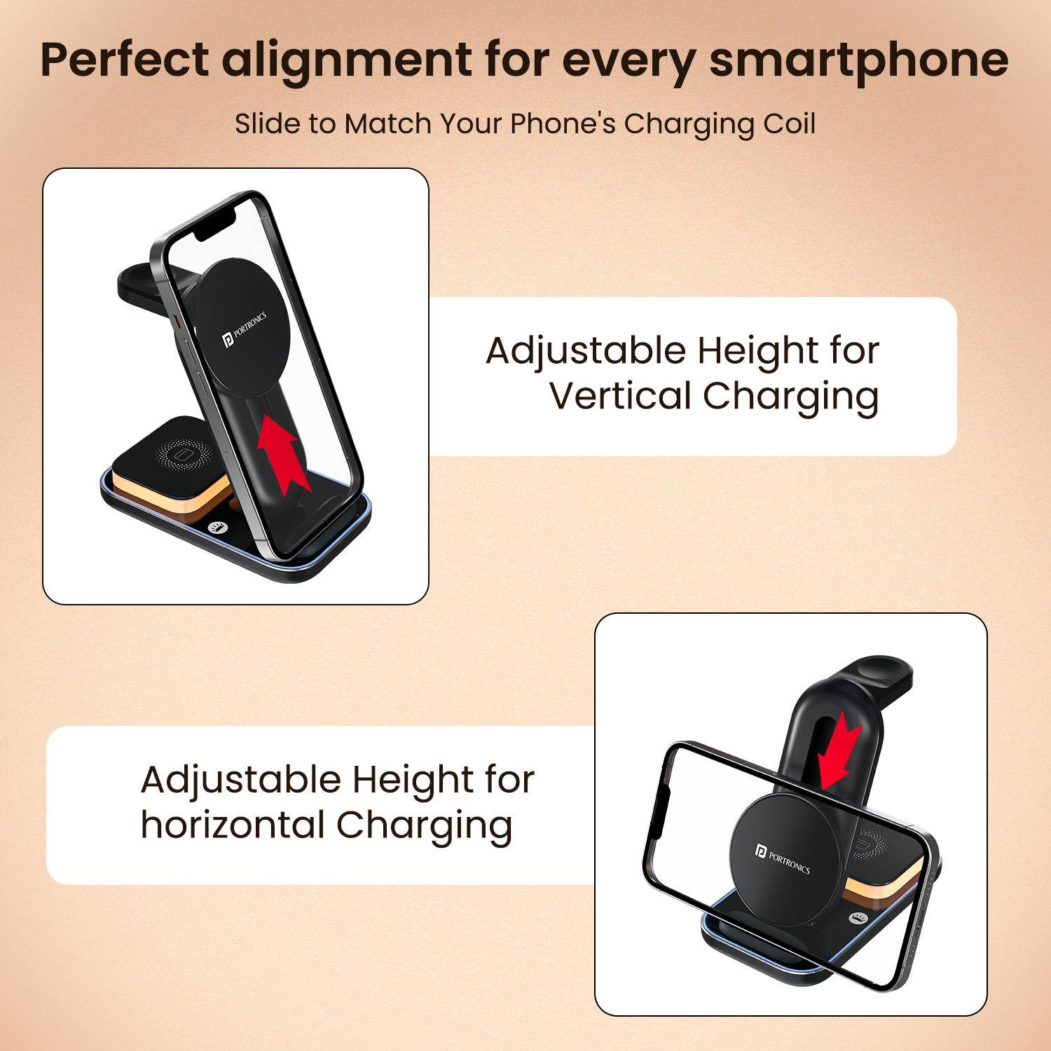 portronics tricharge ultra adjustable coil for perfect smartphone charging alignment | slide-to-match coil supporting vertical and horizontal wireless charging orientations | adjustable wireless charger for all smartphone sizes with flexible coil positioning | adjustable wireless charging stand