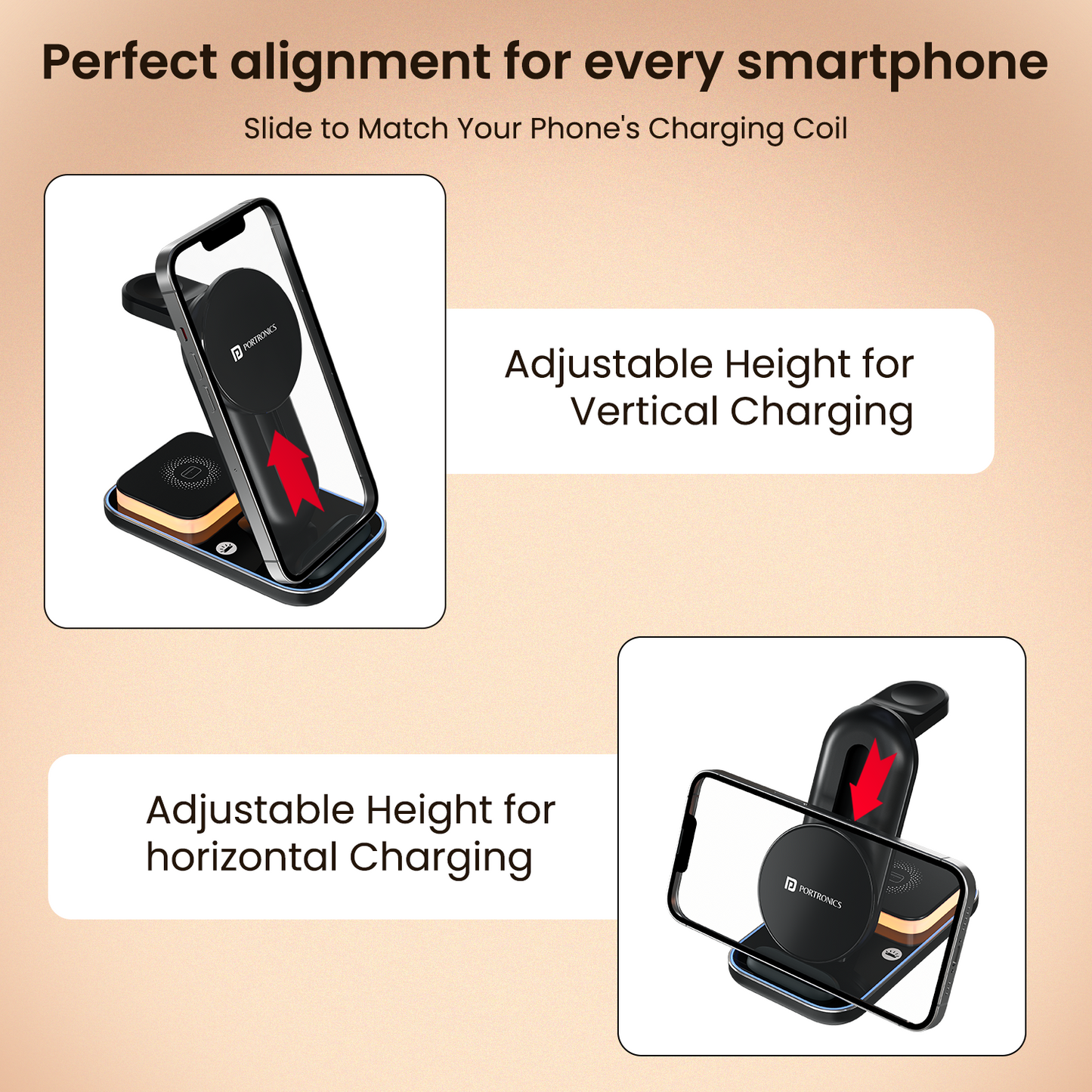 portronics tricharge ultra adjustable coil for perfect smartphone charging alignment | slide-to-match coil supporting vertical and horizontal wireless charging orientations | adjustable wireless charger for all smartphone sizes with flexible coil positioning | adjustable wireless charging stand