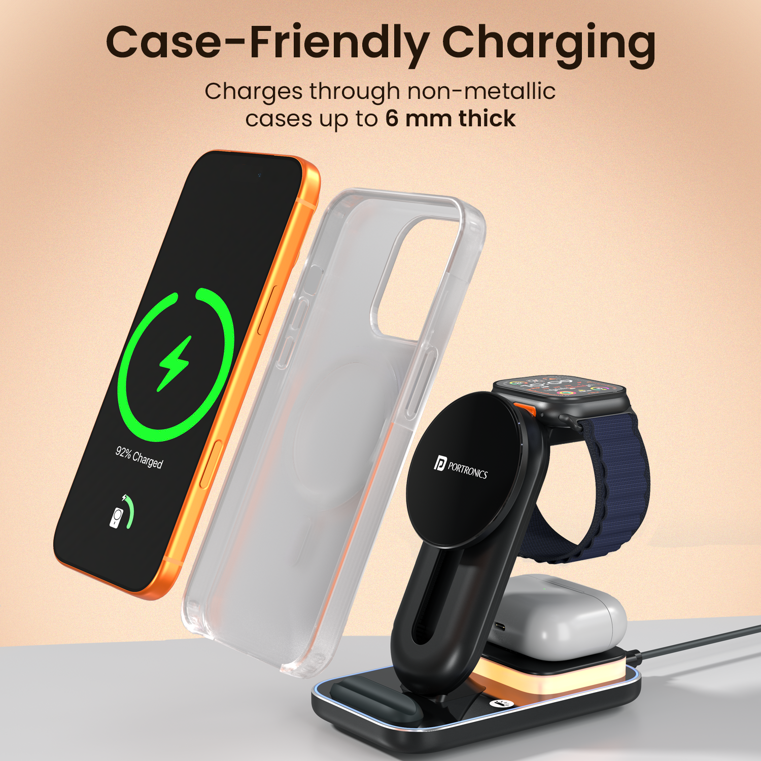 portronics tricharge ultra case-friendly wireless charging through non-metallic cases up to 6mm | charge smartphone without removing phone case on qi certified wireless pad | case compatible fast wireless charger for iphone and android with non-metallic covers | case friendly wireless charger