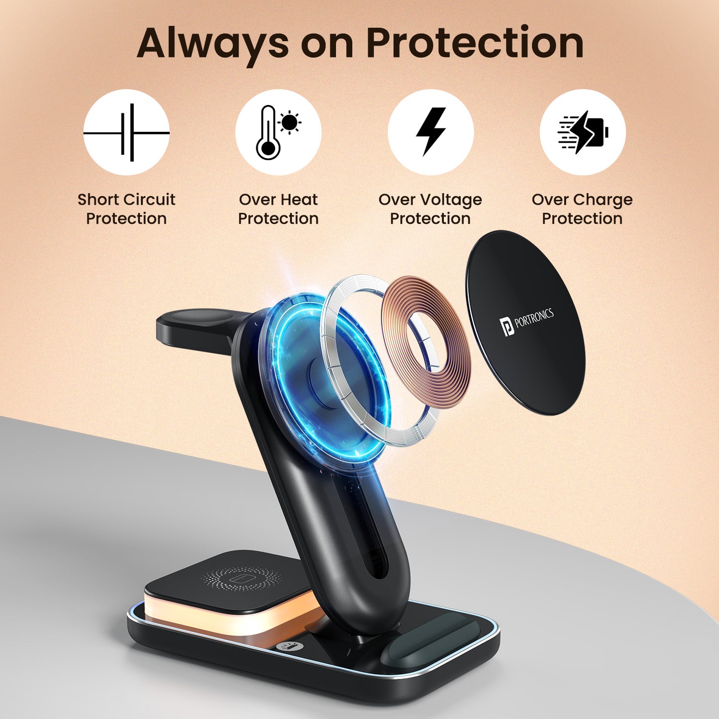 portronics tricharge ultra always-on protection with foreign object detection and multi-safety features | over-current over-voltage over-temperature and short-circuit protection on wireless charger | safe qi certified wireless charging station with built-in advanced protection for all devices | safe wireless charger for iphone android