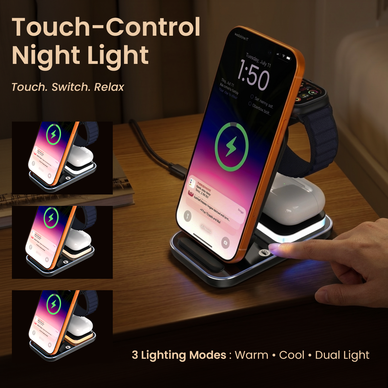 portronics tricharge ultra touch-control night light with three switchable lighting modes | warm cool and dual light ambience on wireless charging station for bedroom and desk | qi wireless charger with built-in touch night light for comfortable low-light environments | night light wireless charger