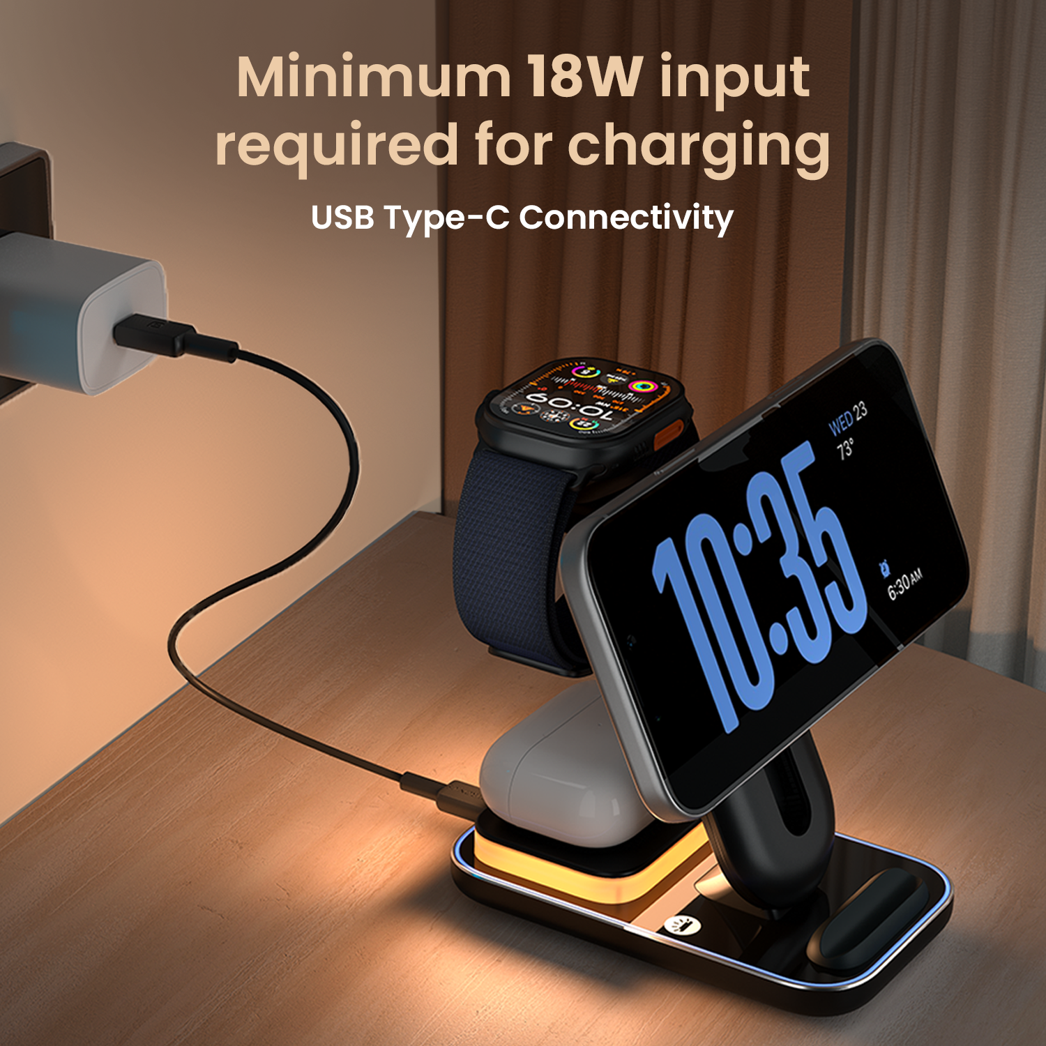 portronics tricharge ultra minimum 18w usb type-c input for optimal wireless charging performance | touch-control night light with warm cool and dual light modes built into charging station | type-c wireless charging dock with integrated ambient night light for bedside use | usb-c wireless charger with night light
