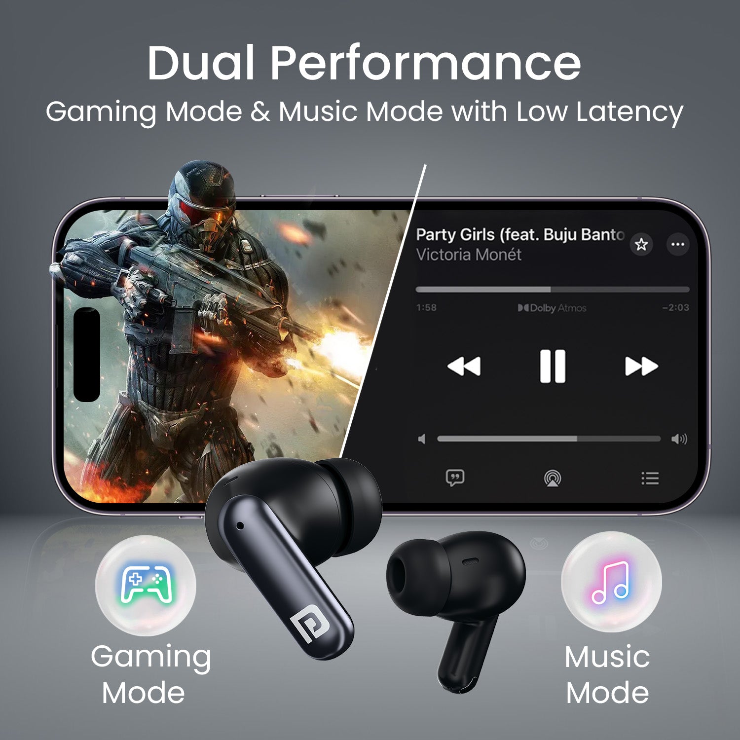 Black portronics twins one plus tws earbuds | true wireless bluetooth earbuds with low latency game mode | earbuds for gamer and streaming