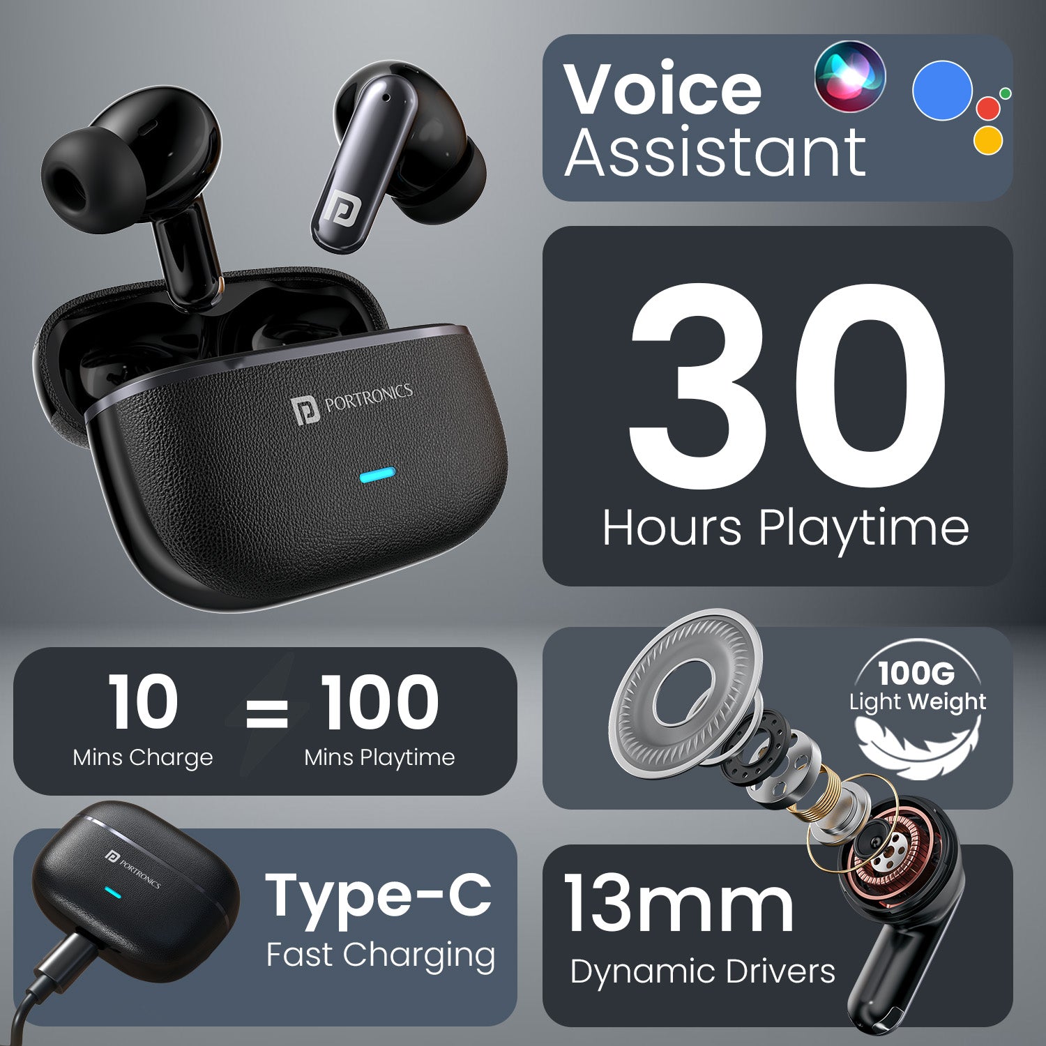 Black portronics twins one plus tws earbuds | high bass earbuds powered by 13mm drivers | water resistant build for daily use| 30 hours total battery life with charging case and voice assistant support