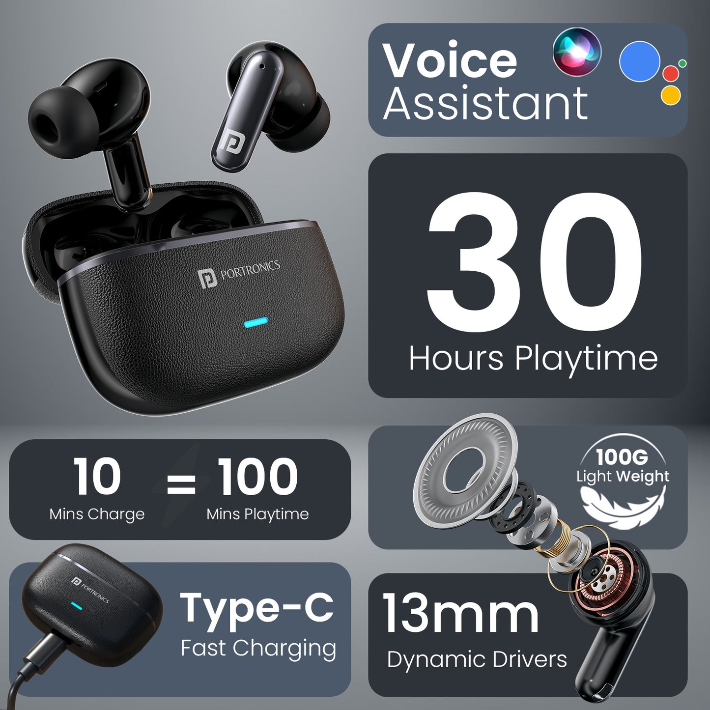 Black portronics twins one plus tws earbuds | high bass earbuds powered by 13mm drivers | water resistant build for daily use| 30 hours total battery life with charging case and voice assistant support