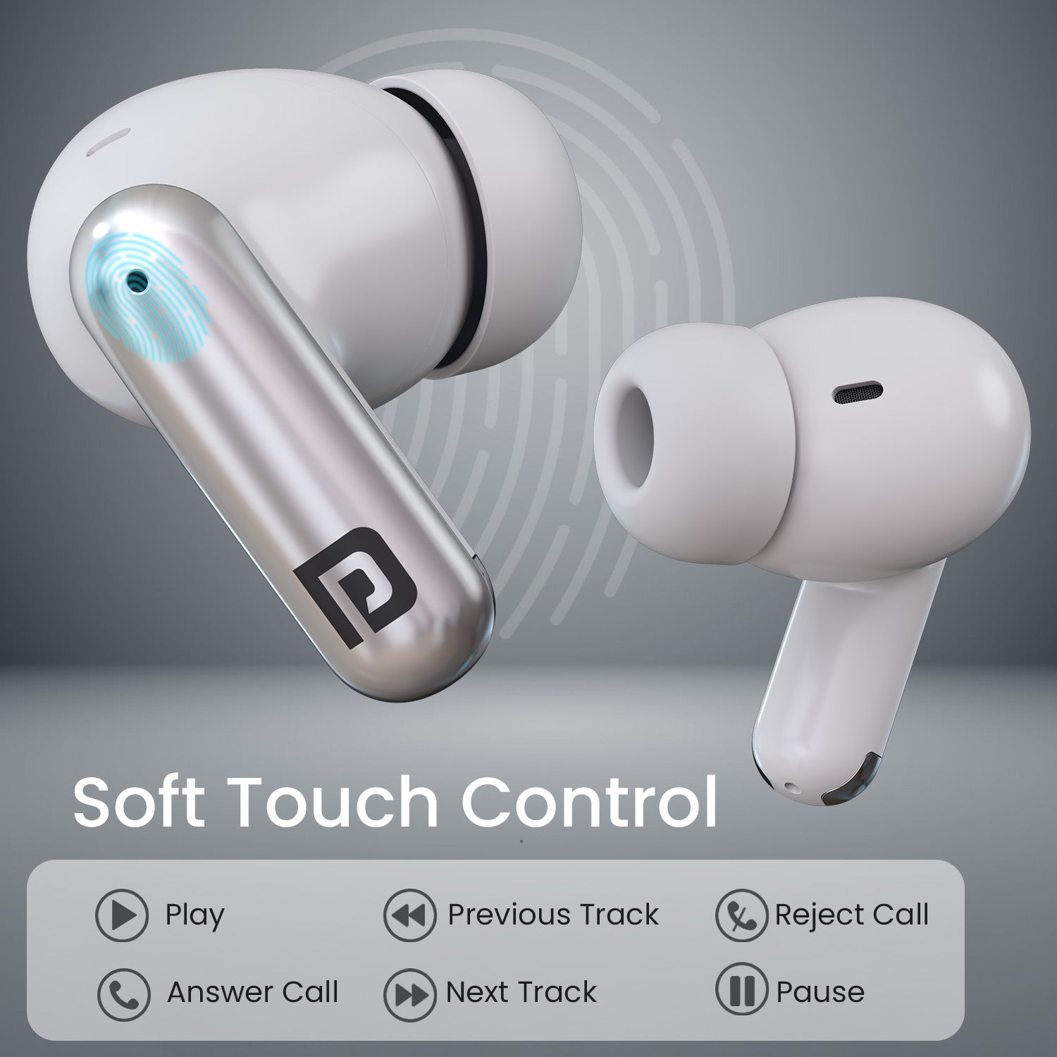 White portronics twins one plus wireless bluetooth earbuds | tws earbuds with touch controls and fast pairing | earbuds under 1500 category