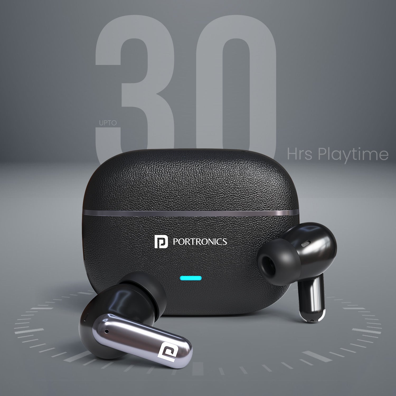 Black portronics twins one plus wireless bluetooth earbuds | 30 hours total battery life with charging case | type-c charging earbuds