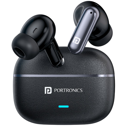 Black portronics twins one plus wireless earbuds | 13mm dynamic drivers with high bass output | bluetooth v6 tws earbuds with 30h playtime