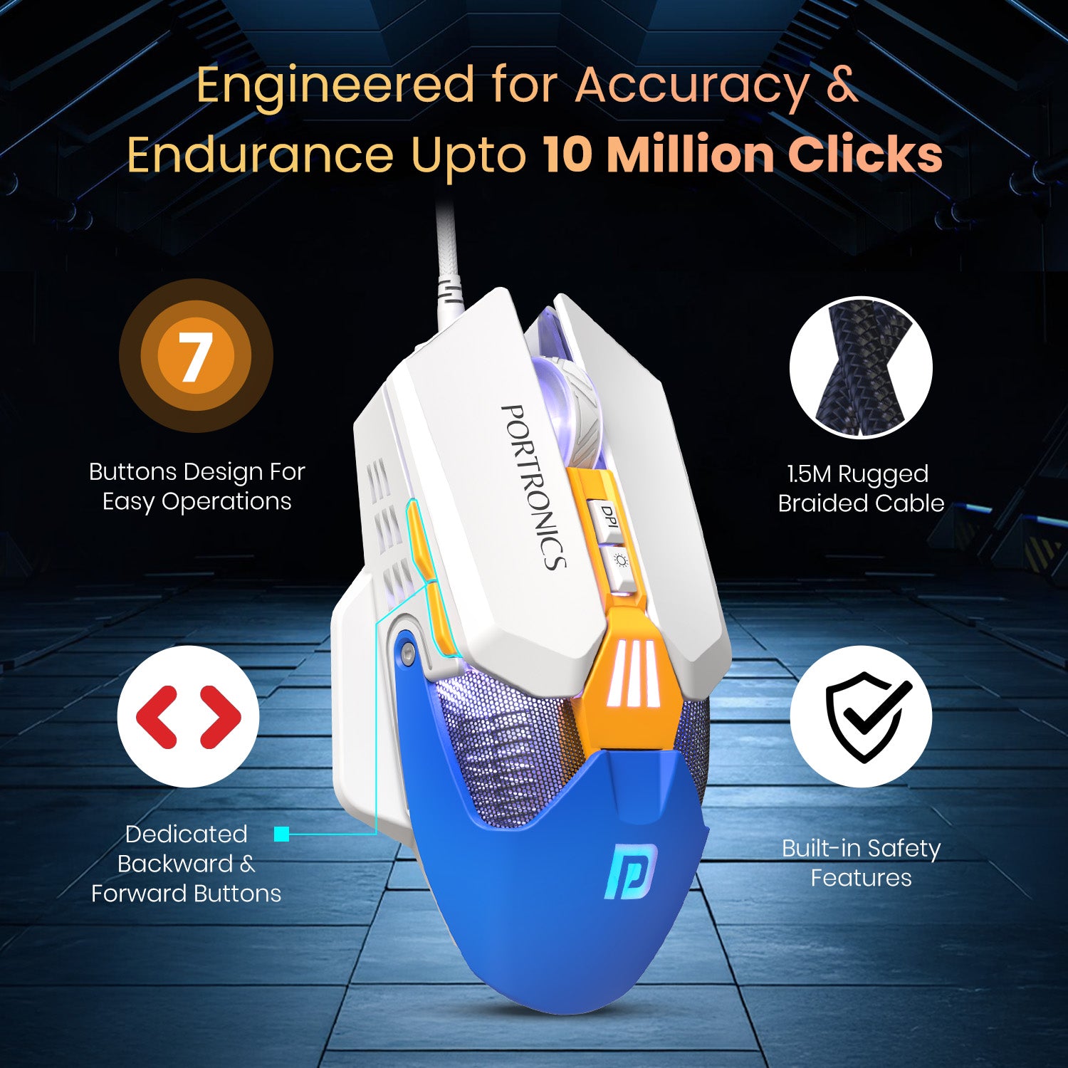 Blue portronics vader x wired mouse | advanced gaming mouse featuring 7 programmable buttons and 500hz polling rate | low latency wired mouse for home office and competitive gaming