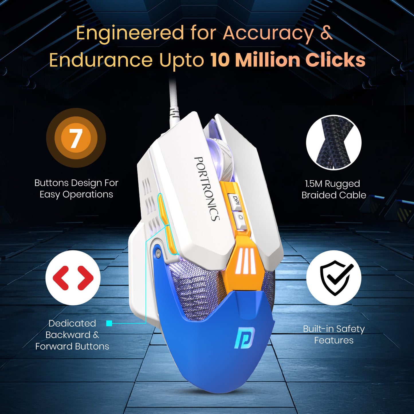 Blue portronics vader x wired mouse | advanced gaming mouse featuring 7 programmable buttons and 500hz polling rate | low latency wired mouse for home office and competitive gaming