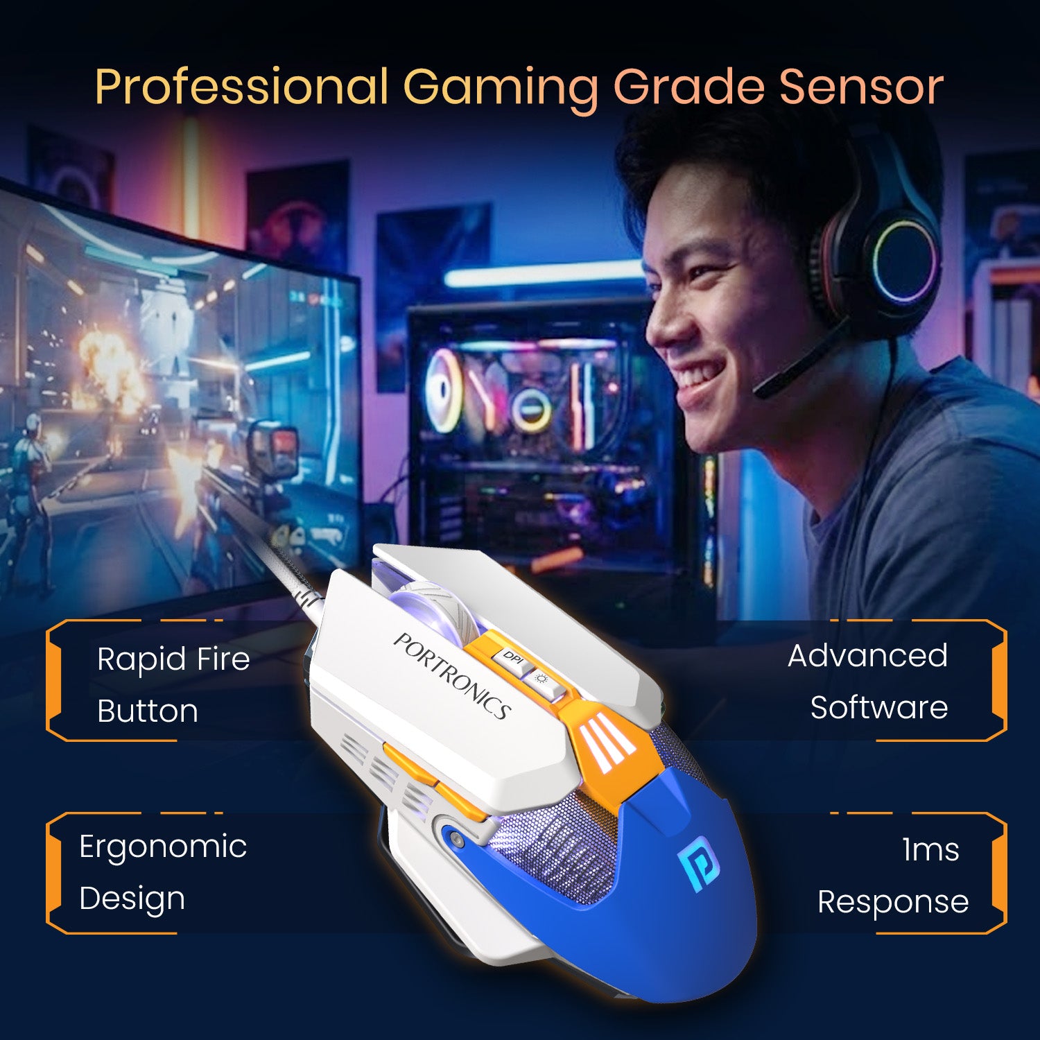 Blue portronics vader x wired mouse for laptop | plug and play gaming mouse with 7 tactile buttons and optical sensor | wired mouse for pc gaming daily productivity and streaming