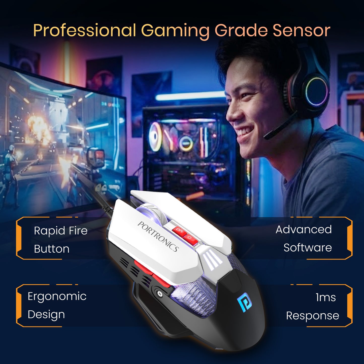 Black portronics vader x wired mouse for pc | precision optical gaming mouse with 12800 dpi control | wired mouse gaming performance focused