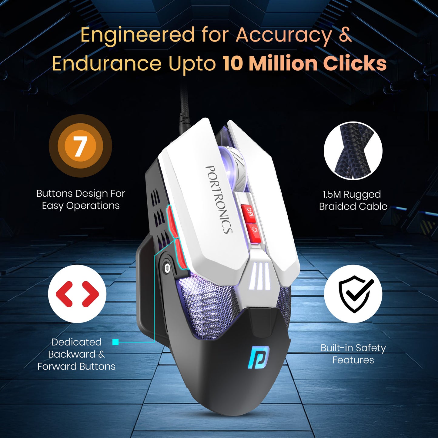 Black portronics vader x wired gaming mouse | optical sensor with 7000 fps tracking and lag free performance | wired mouse for pc and laptop gaming