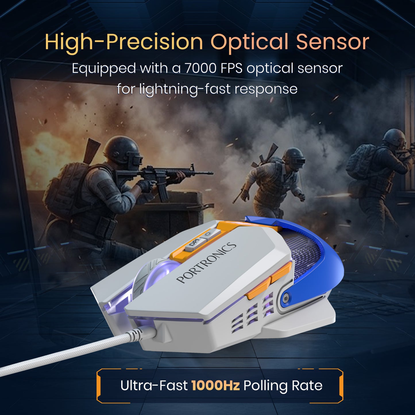 Blue portronics vader x gaming mouse | precision optical gaming sensor with 7000 fps tracking and ergonomic shape | wired mouse gaming comfort for long gaming sessions
