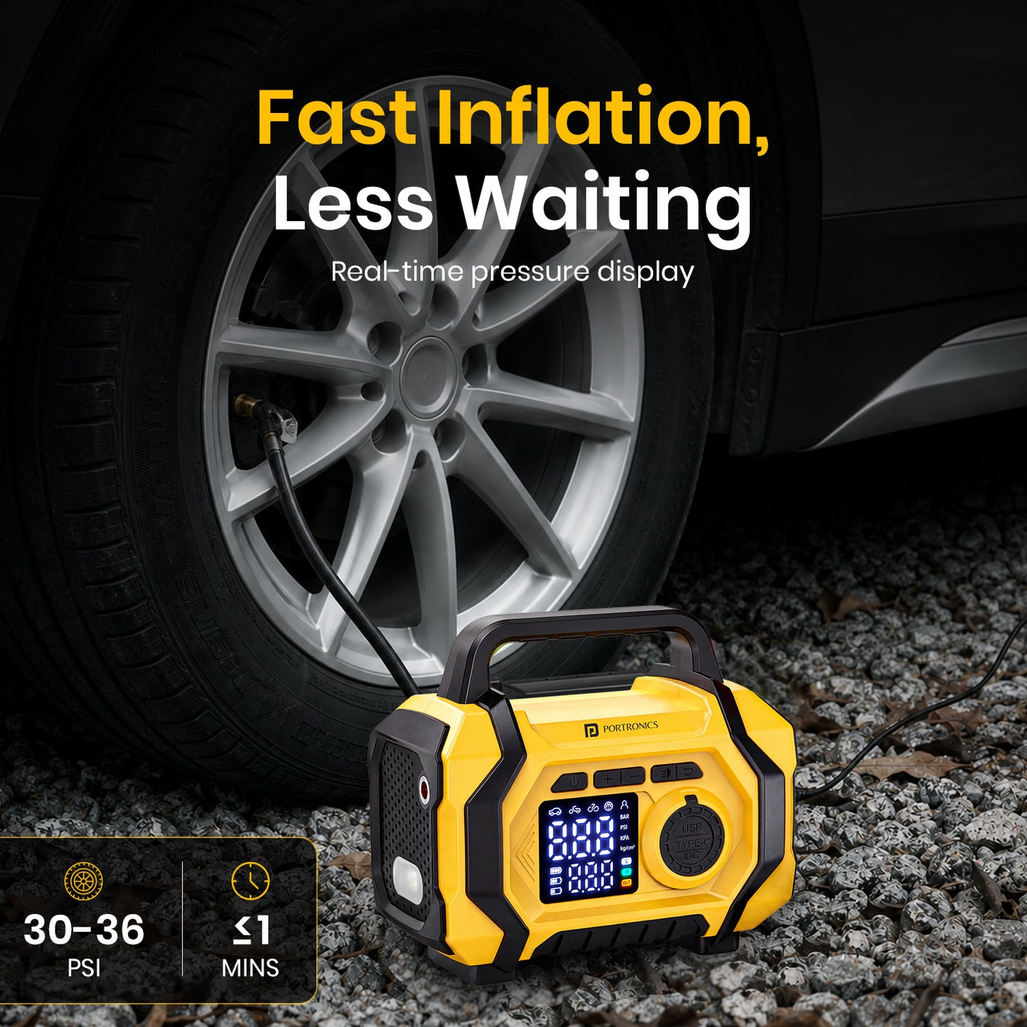 portronics vayu airplus 150 psi car tyre inflator fast inflation | electric air pump with real-time digital psi display for fast and accurate car tyre inflation | digital tyre inflator for car delivering up to 150 psi with less waiting | best 150 psi fast electric air pump for car tyre inflation