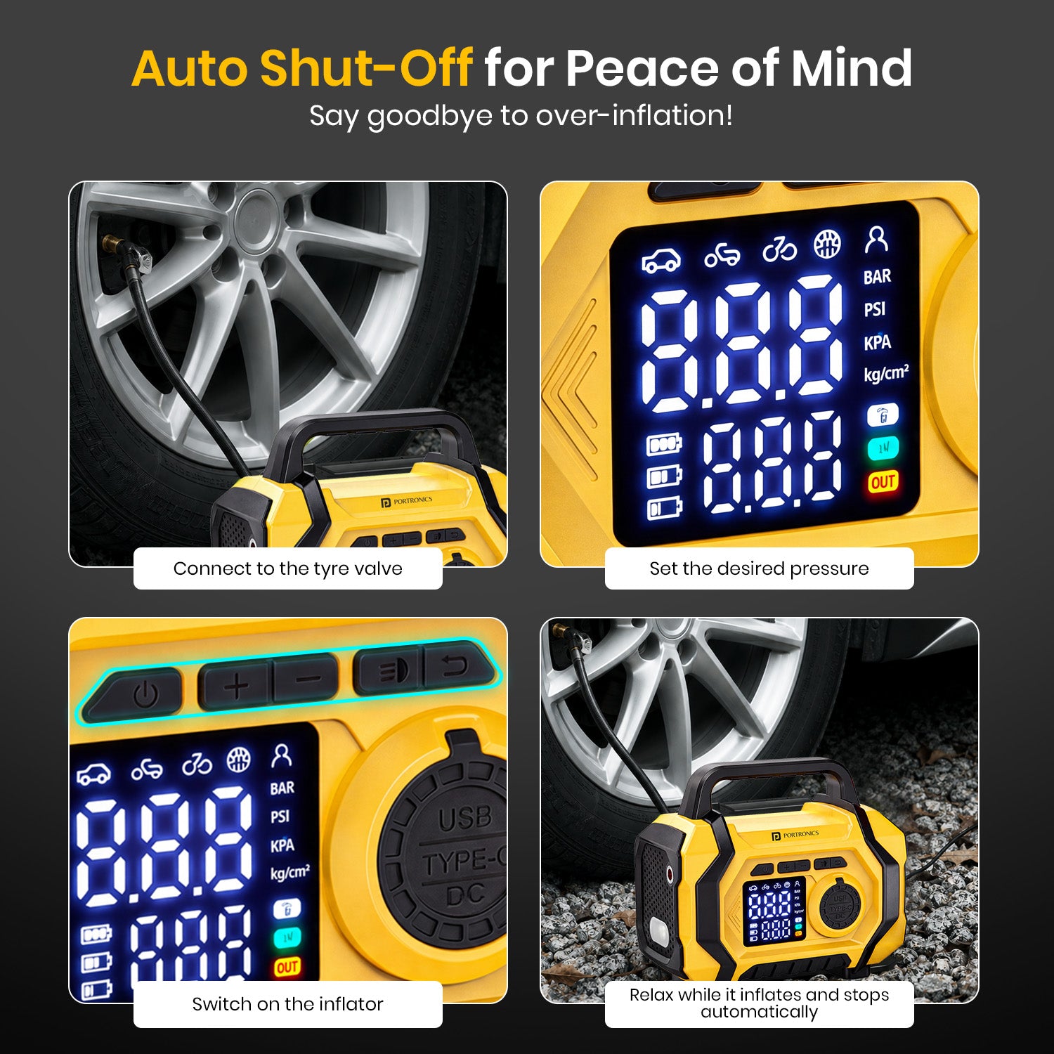portronics vayu airplus auto shut-off inflator for accurate inflation | digital air compressor with auto shut-off at preset psi to prevent over-inflation | 150 psi tyre inflator for car and bike with precise automatic pressure shut-off | best auto shut-off digital tyre inflator for safe and accurate inflation