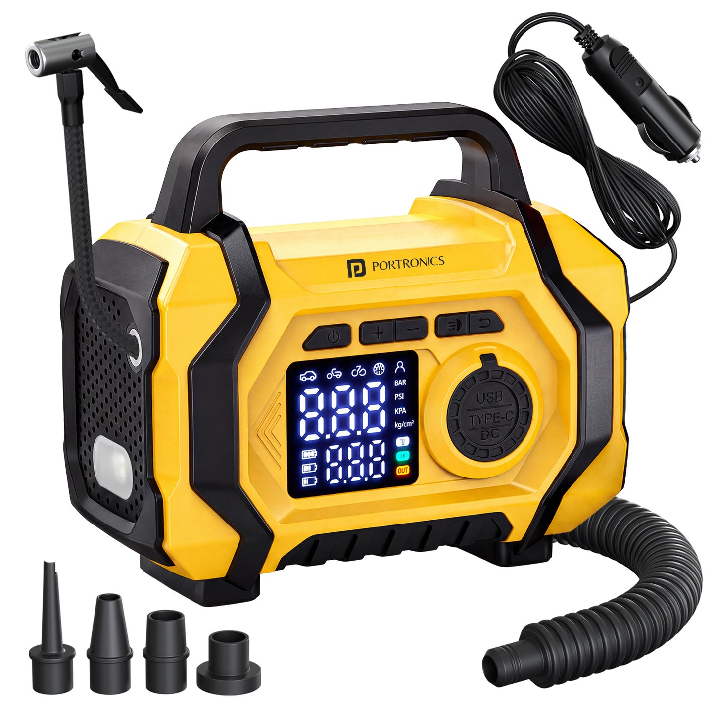 portronics vayu airplus portable tyre inflator | 5-in-1 air pump with digital display hose and nozzle attachments for all inflatables | multi-function tyre inflator for car bike bicycle and sports ball | best 5-in-1 portable tyre inflator for car and bike