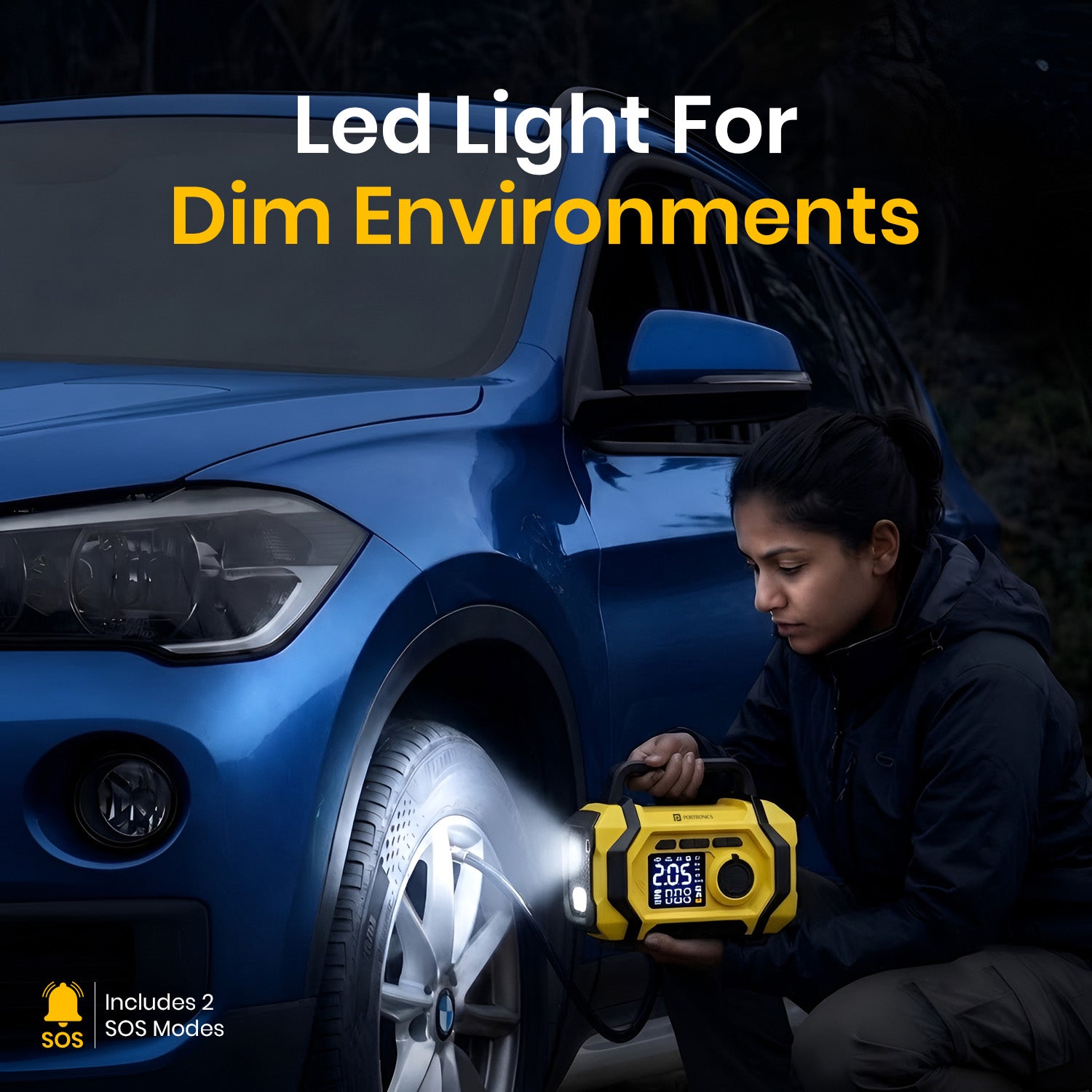 portronics vayu airplus led light inflator for dim environments | cordless tyre inflator with emergency led light for safe night-time roadside use | portable car tyre inflator with built-in led light for low-light inflation | best tyre inflator with led light for night emergencies