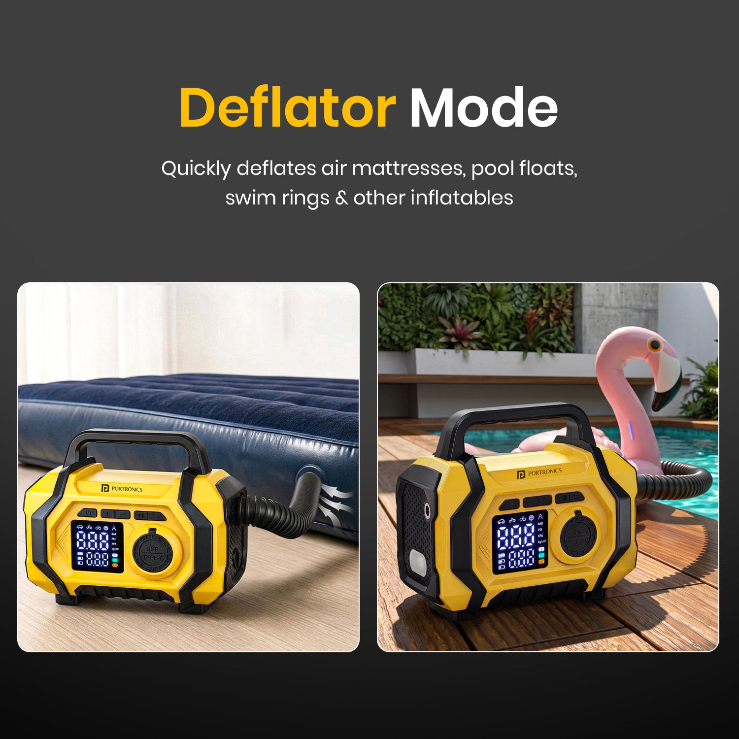 portronics vayu airplus deflator mode for mattresses and inflatables | dual inflate and deflate air blower for air mattresses pool floats and other inflatables | portable air pump with deflator mode ideal for camping travel and home use | best portable inflator with deflate mode for mattress and pool inflatables