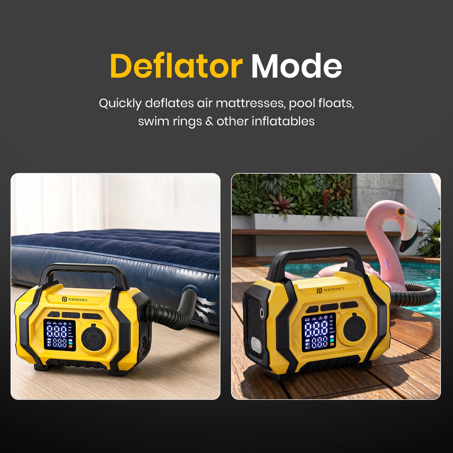 portronics vayu airplus deflator mode for mattresses and inflatables | dual inflate and deflate air blower for air mattresses pool floats and other inflatables | portable air pump with deflator mode ideal for camping travel and home use | best portable inflator with deflate mode for mattress and pool inflatables