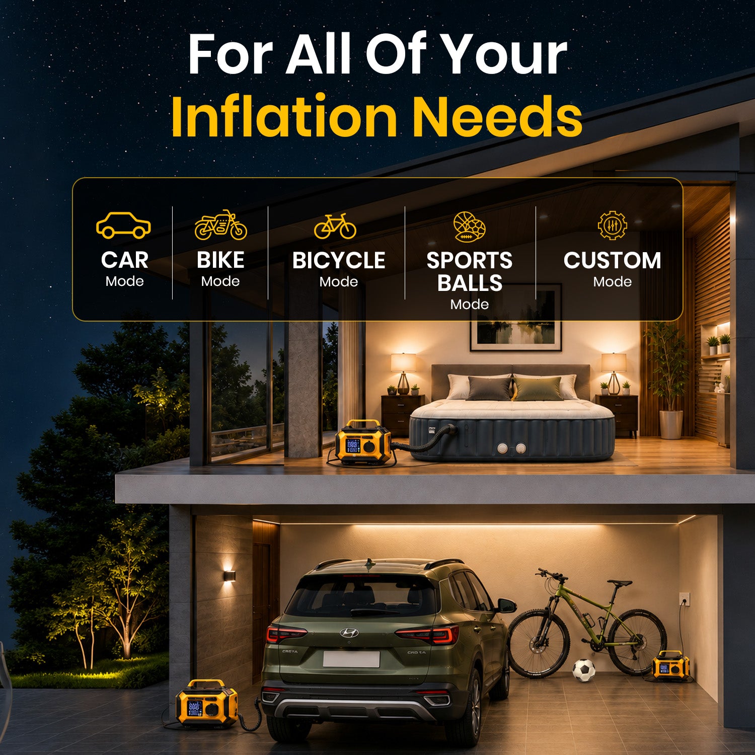 portronics vayu airplus multi-function air pump for all inflation needs | digital tyre inflator with 5 preset modes for car bike bicycle sports ball and manual setting | portable air compressor for car tyre bike tyre cycle and inflatable accessories | best multi-function tyre inflator for car bike bicycle and sports ball