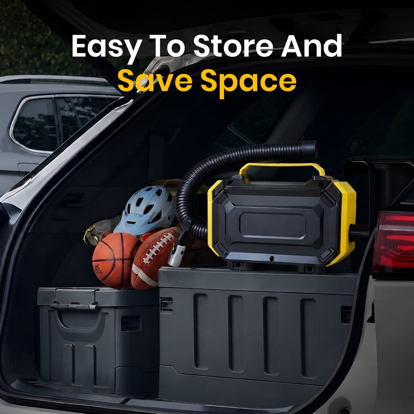 portronics vayu airplus portable air compressor easy to store | compact corded and cordless tyre inflator built for space-saving car boot storage | travel-ready digital tyre inflator with integrated carry handle for on-the-go use | best compact portable tyre inflator for car storage and travel