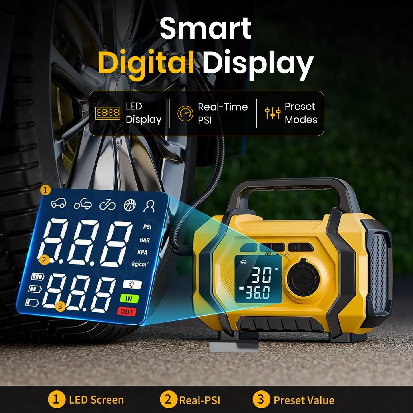 portronics vayu airplus smart digital display air compressor | digital tyre inflator with large led screen showing live pressure preset value and inflation mode | vayu airplus digital air pump with smart display for precise and hassle-free tyre inflation | best digital tyre inflator with smart led display and preset modes