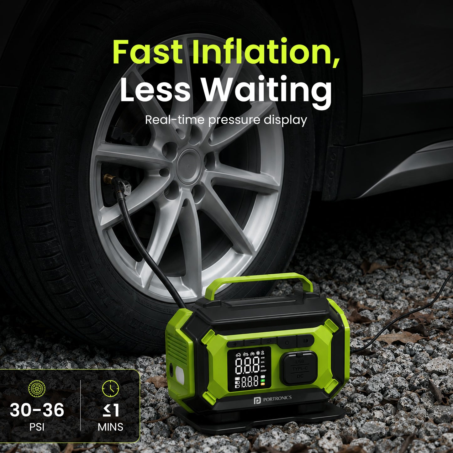 portronics vayu airpro 150 psi car tyre inflator fast inflation | electric air pump delivering fast inflation with real-time psi display | digital tyre inflator for car with high-speed 150 psi inflation | best 150 psi electric air pump for fast car tyre inflation