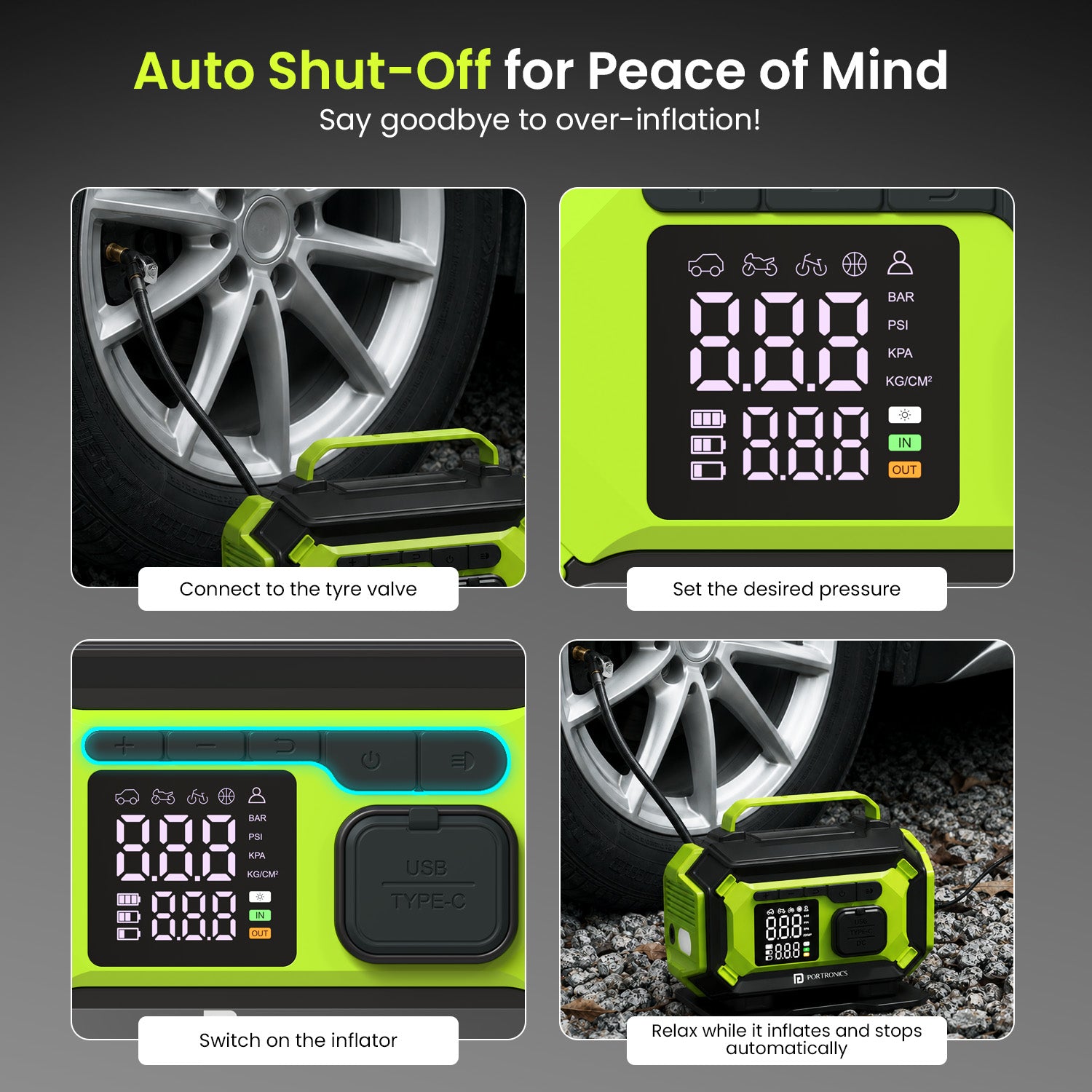 portronics vayu airpro auto shut-off inflator for accurate inflation | digital air compressor with auto shut-off at target psi to prevent over-inflation | tyre inflator for car and bike with precise auto pressure shut-off | best auto shut-off digital tyre inflator for safe inflation