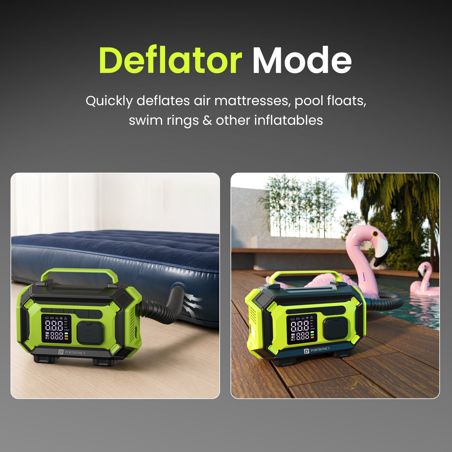 portronics vayu airpro deflator mode for inflatables | dual inflate and deflate air pump for mattresses pool floats and inflatables | portable air blower with deflator mode for camping and travel use | best portable inflator with deflator mode for mattress and inflatables