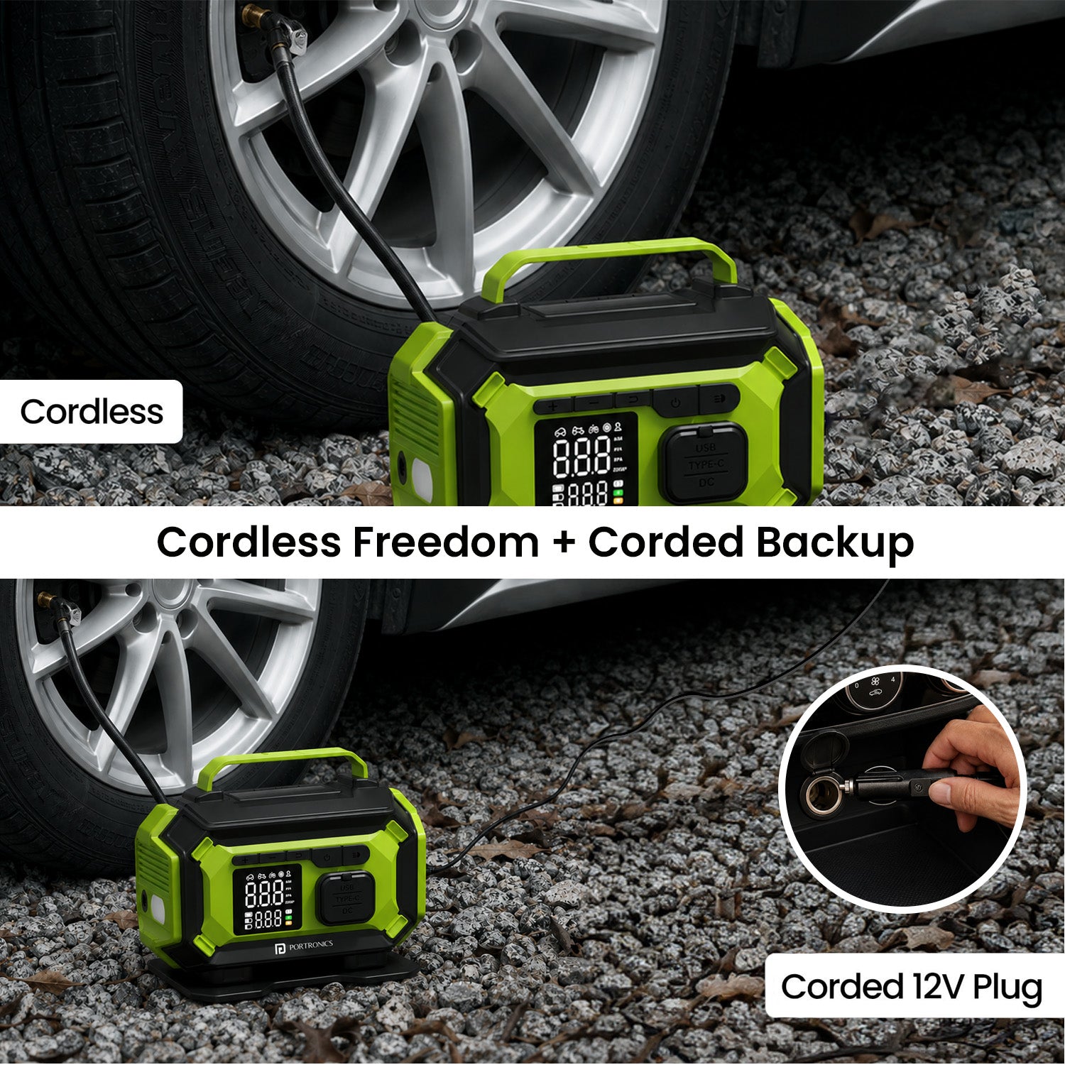 portronics vayu airpro cordless and corded tyre inflator | rechargeable wireless tyre inflator with 12v dc corded backup for uninterrupted use | portable air compressor with cordless freedom and corded reliability for car and outdoor use | best cordless and corded tyre inflator for car and bike