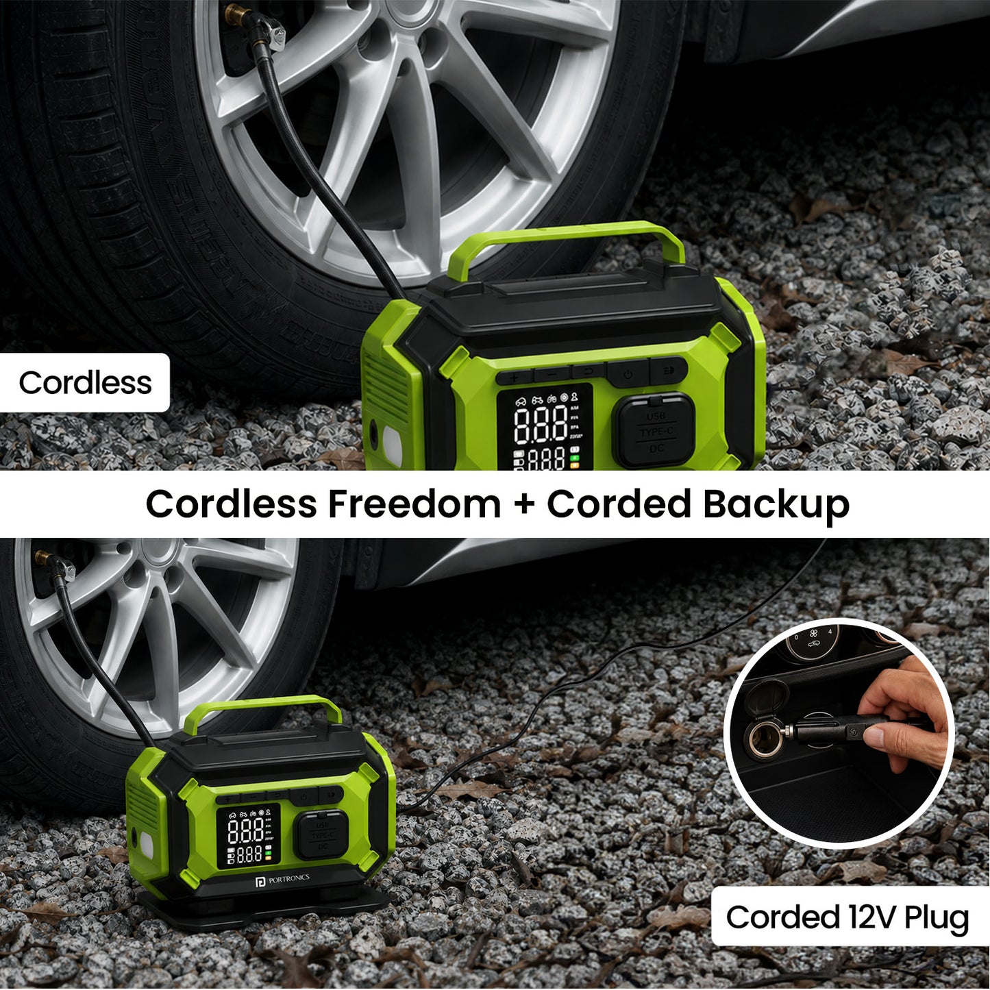 portronics vayu airpro cordless and corded tyre inflator | rechargeable wireless tyre inflator with 12v dc corded backup for uninterrupted use | portable air compressor with cordless freedom and corded reliability for car and outdoor use | best cordless and corded tyre inflator for car and bike