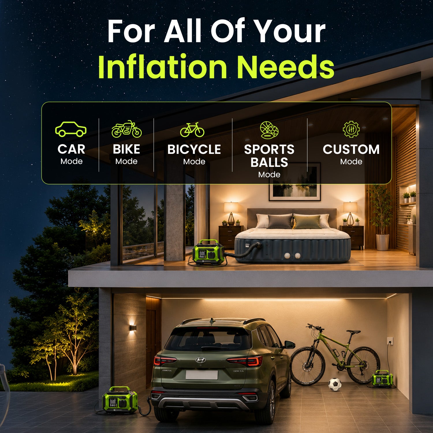 portronics vayu airpro multi-function air pump for all inflation needs | digital tyre inflator with 5 preset modes for car bike bicycle sports ball and manual | portable air compressor for car tyre bike tyre cycle and inflatables | best multi-function tyre inflator for car bike and bicycle