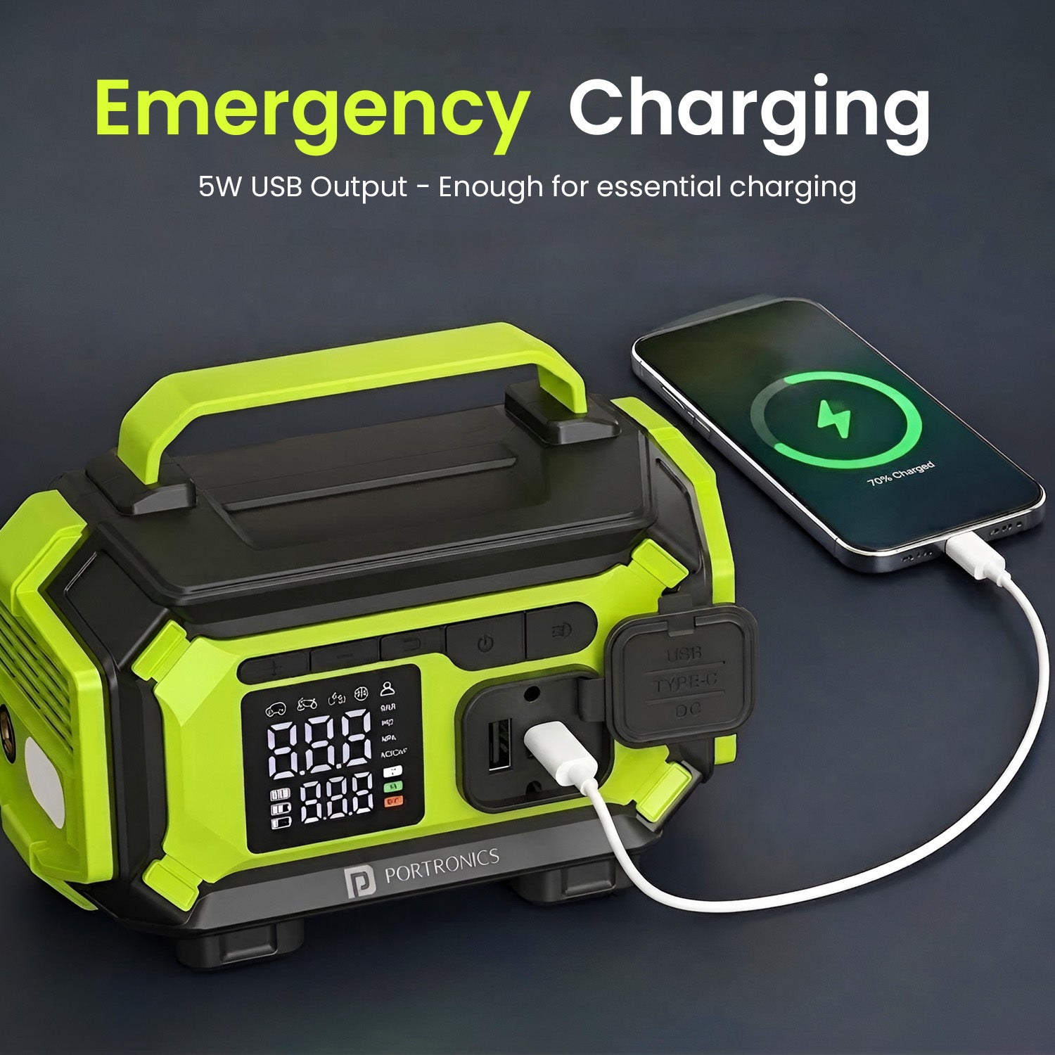 portronics vayu airpro 5w usb emergency charging | portable tyre inflator with built-in usb output for emergency phone charging | wireless tyre inflator doubling as emergency usb power source for devices | best tyre inflator with usb emergency charging output