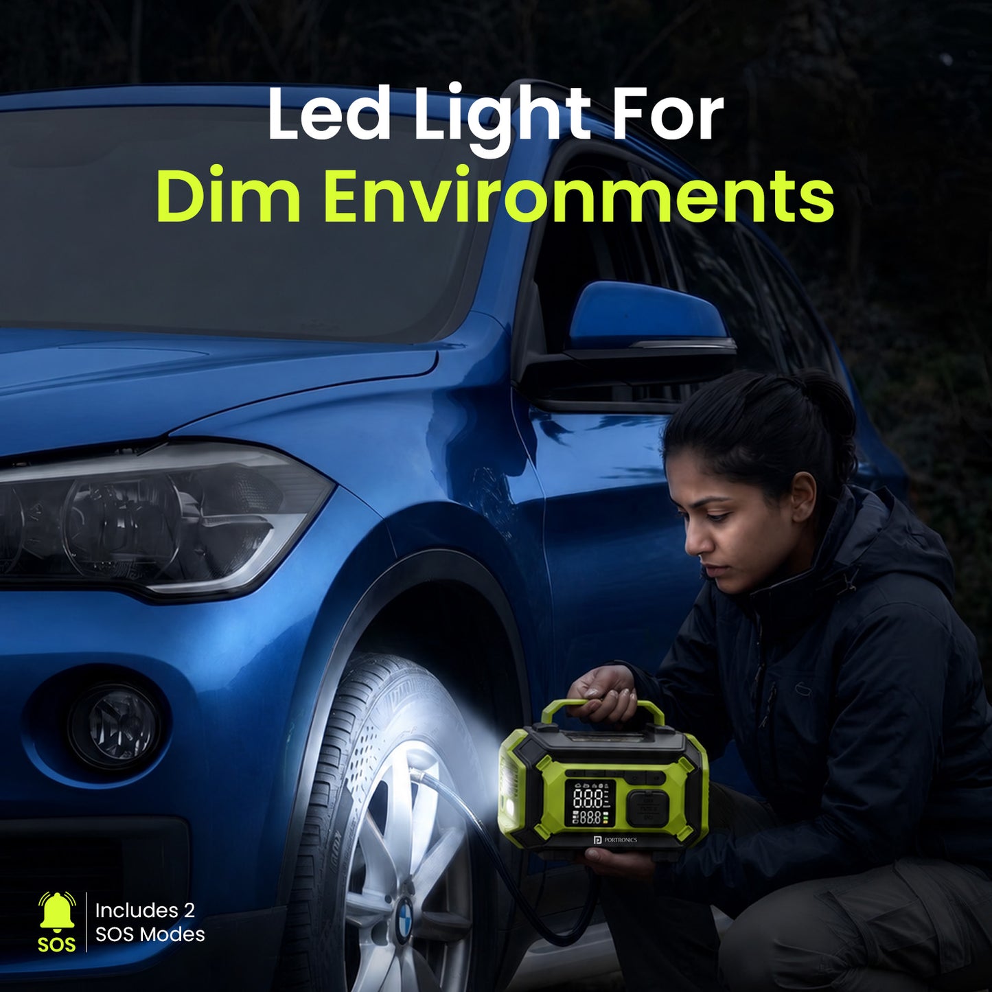 portronics vayu airpro led light inflator for dim environments | portable tyre inflator with emergency led light for night-time roadside use | car tyre inflator with built-in led for safe inflation in low light | best tyre inflator with led light for night use